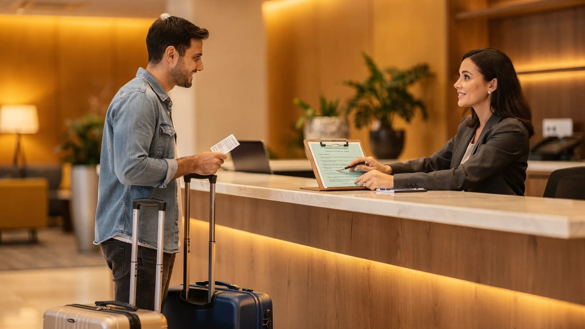 A traveler at a hotel front desk holding a printed voucher while the receptionist points to booking terms on a clipboard; luggage beside them, warm lobby lighting, no visible brand logos.