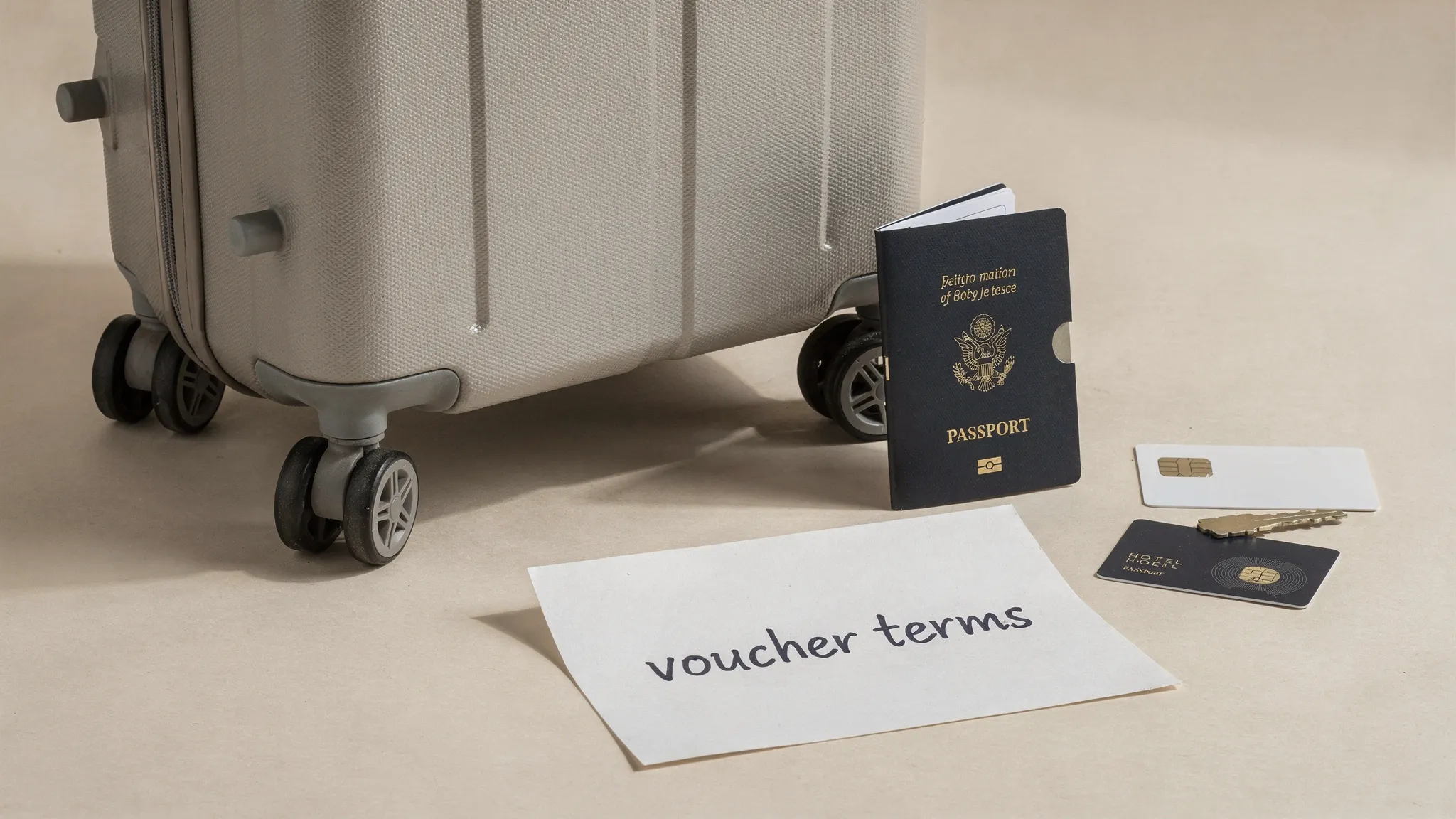 A simple travel planning scene with a suitcase, passport, and a paper note labeled “voucher terms” next to a hotel key card; neutral background, no brand marks.