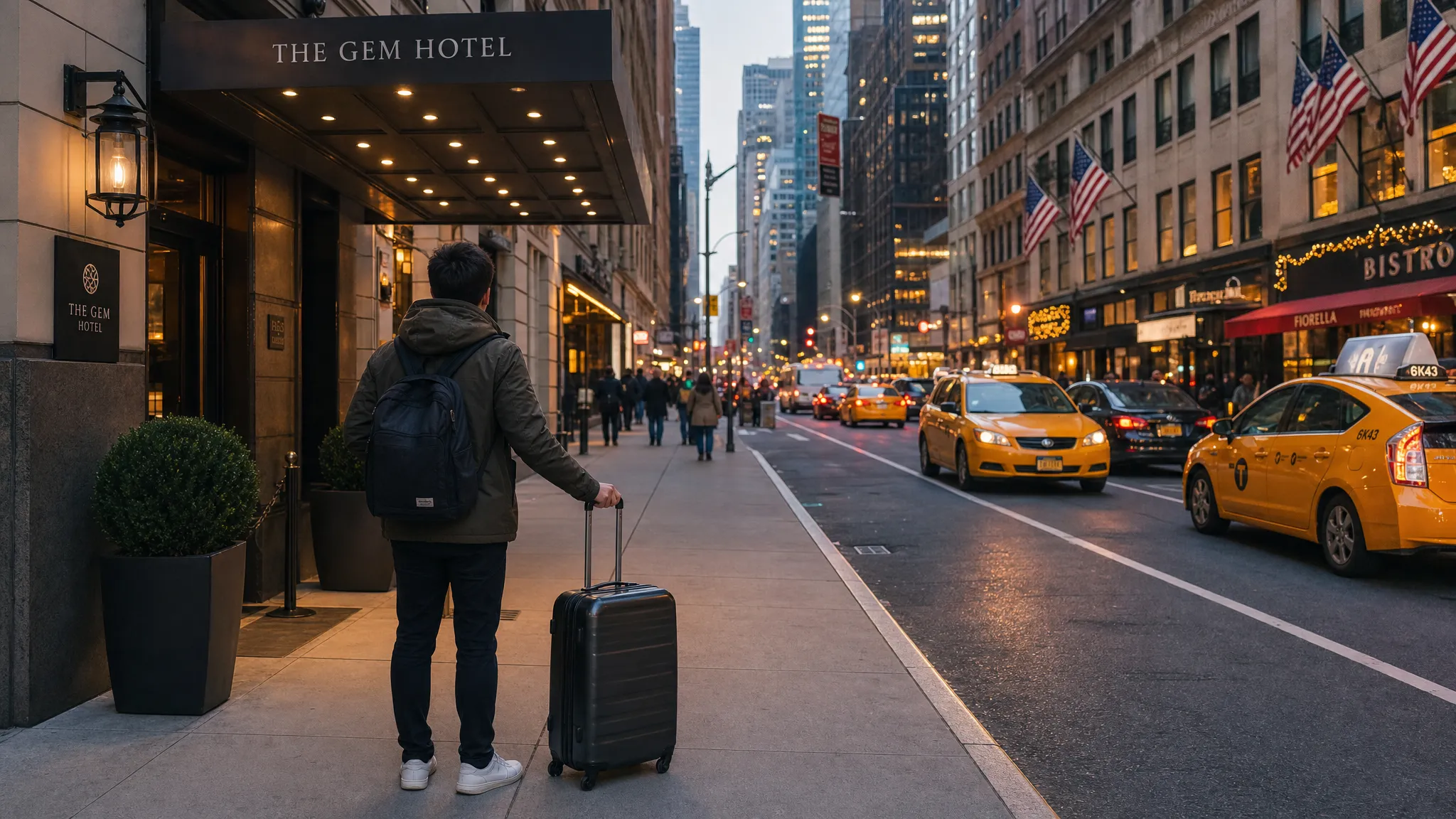 A traveler with a small suitcase stands near a Manhattan sidewalk at dusk, with boutique hotel entrances, yellow taxis, restaurant lights, and tall buildings creating a busy urban travel scene.