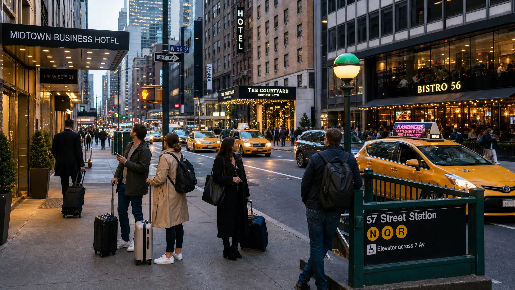Wide, eye-level New York street scene at dusk showing the pressure of a last-minute hotel decision: a Midtown block with one business hotel entrance, one boutique hotel entrance, glowing restaurant windows, taxis moving through traffic, and a subway entrance nearby. Include a few adult travelers with carry-ons paused at the curb as they compare options and look toward different directions, making the tradeoff between central convenience and neighborhood value feel immediate. The composition should feel busy but readable, with no single building dominating the frame and a clear sense of transport, timing, and urban cost pressure.