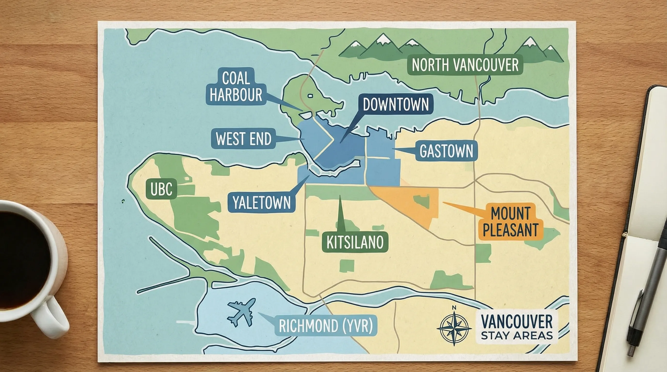 A simplified illustrated map of Vancouver highlighting key stay areas: Downtown, Coal Harbour, West End, Yaletown, Gastown, Kitsilano, Mount Pleasant, UBC, Richmond (YVR), and North Vancouver across the water.