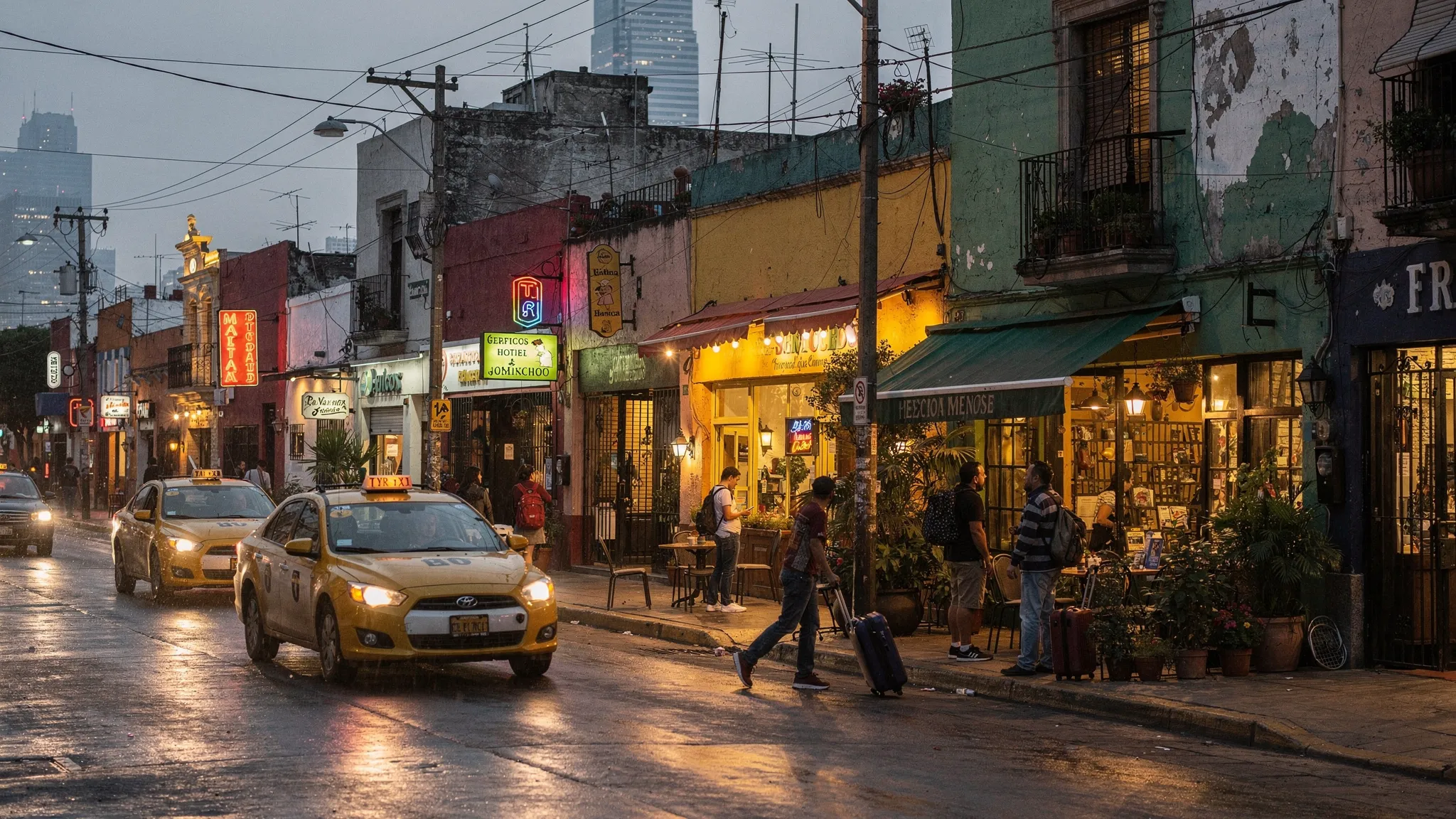 A Mexico City neighborhood street at evening level with restaurant windows glowing, taxis passing along the curb, and travelers walking past small hotels and corner cafes.