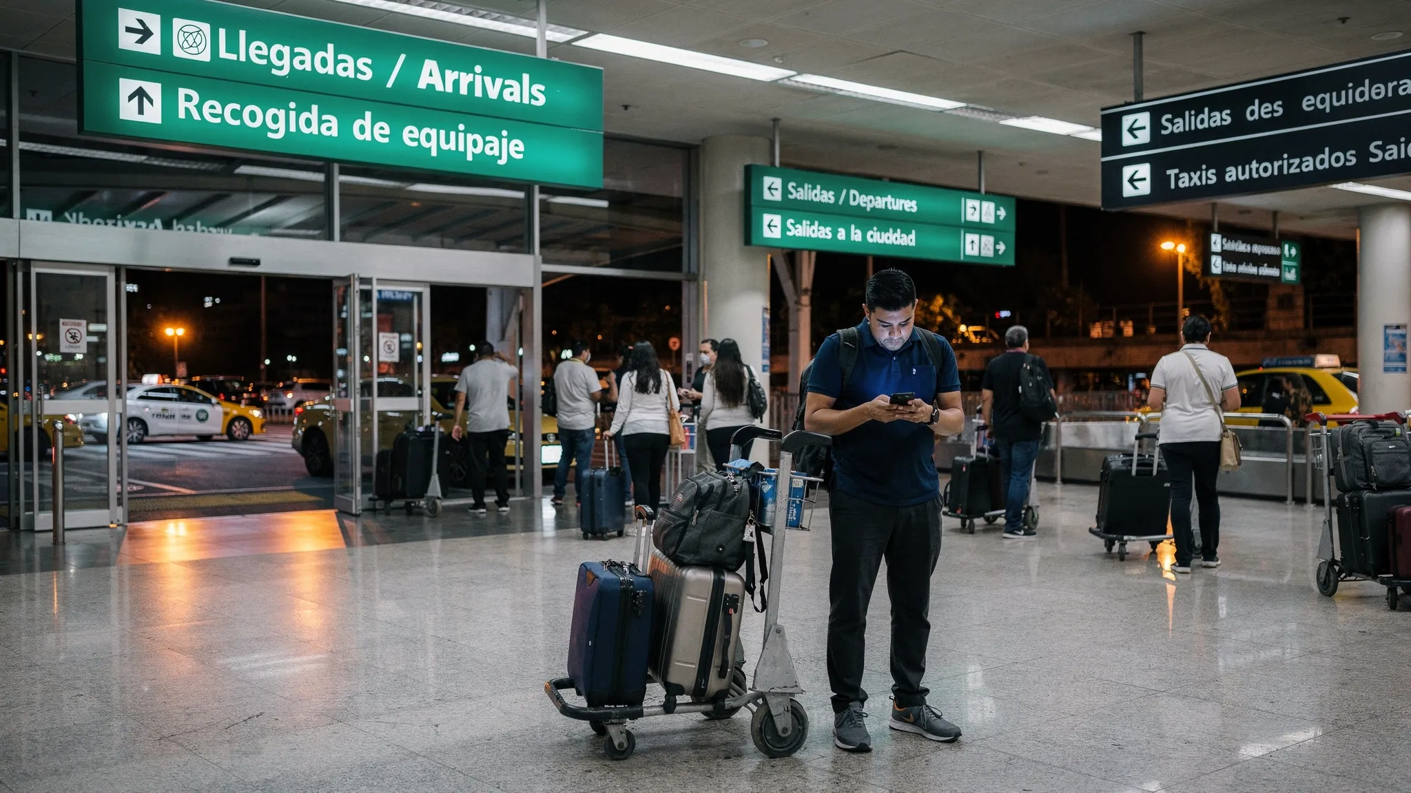 A wide eye-level scene at Mexico City International Airport showing arriving travelers near the baggage claim and ride pickup area, with one person checking a phone while a taxi queue and airport signs stretch into the background. The image should emphasize the tension between a simple bundled booking and the real-world decision of where to stay, with luggage carts, moving crowds, and urban night energy creating a practical travel-planning mood.