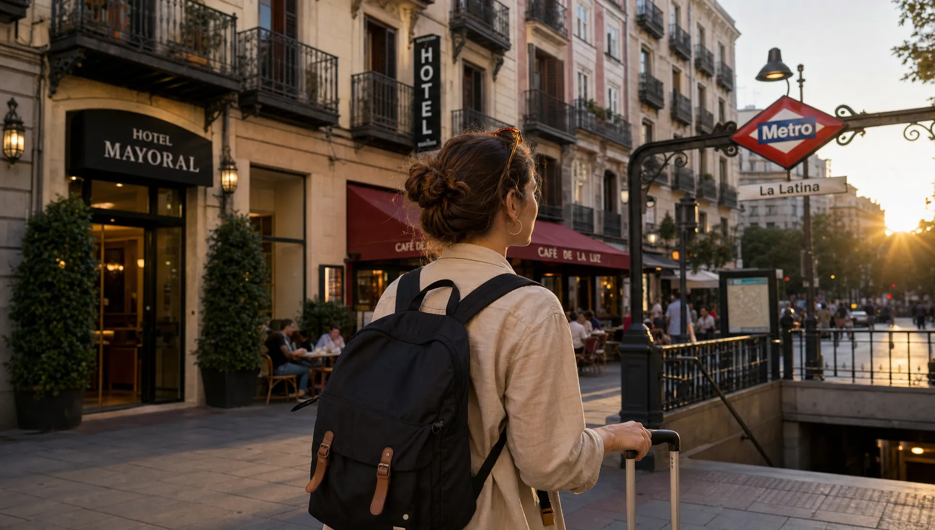 A traveler with a small suitcase on a Madrid street at golden hour, framed closer with hotel facades, cafe terraces, and a metro entrance just behind them, suggesting the choice between central convenience and neighborhood atmosphere.