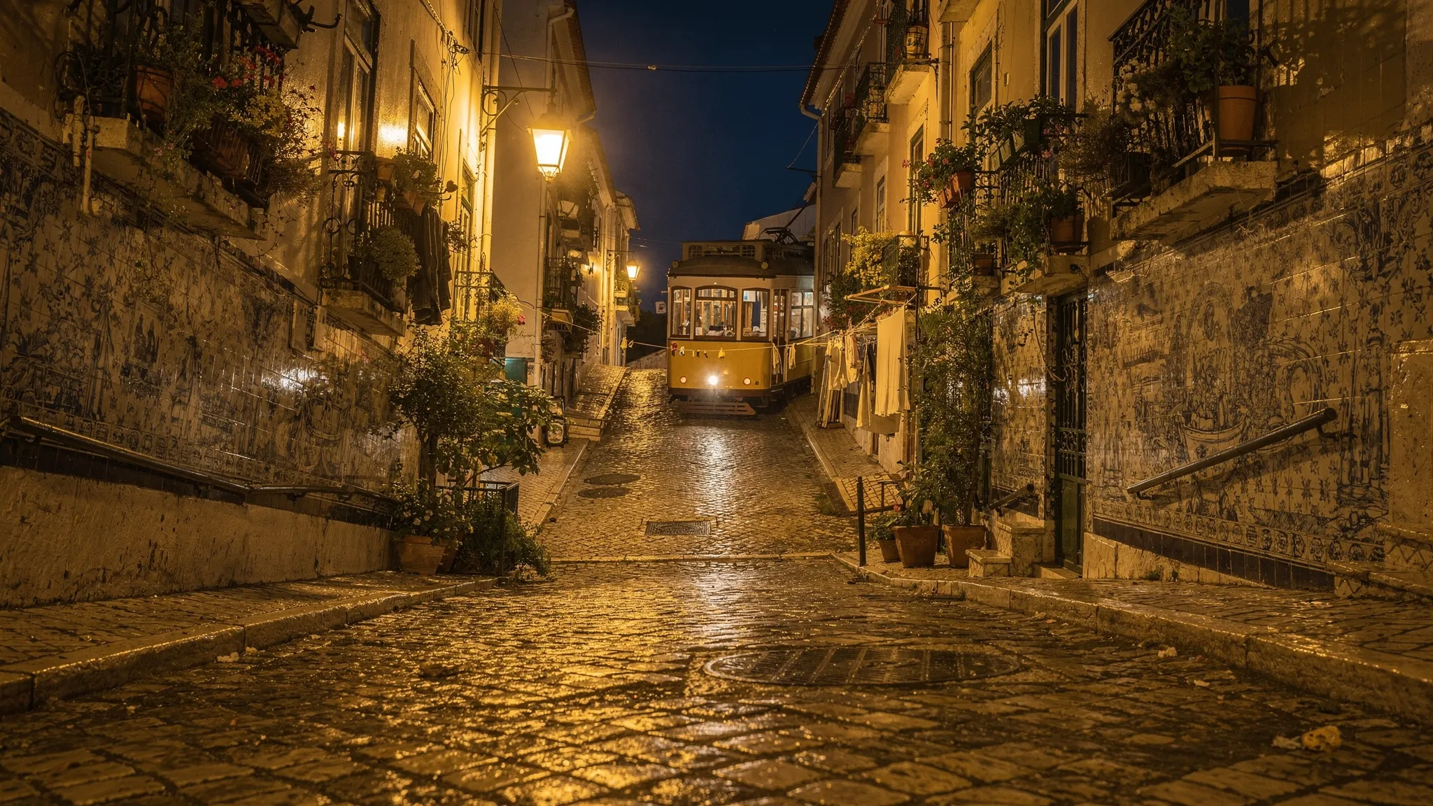 A nighttime Lisbon street scene in Alfama with warm streetlights reflecting on traditional blue-and-white azulejo tiles, a steep cobblestone lane, and a distant vintage tram climbing uphill. Small balconies with iron railings and potted plants frame the alley, creating an atmospheric, story-like travel mood.