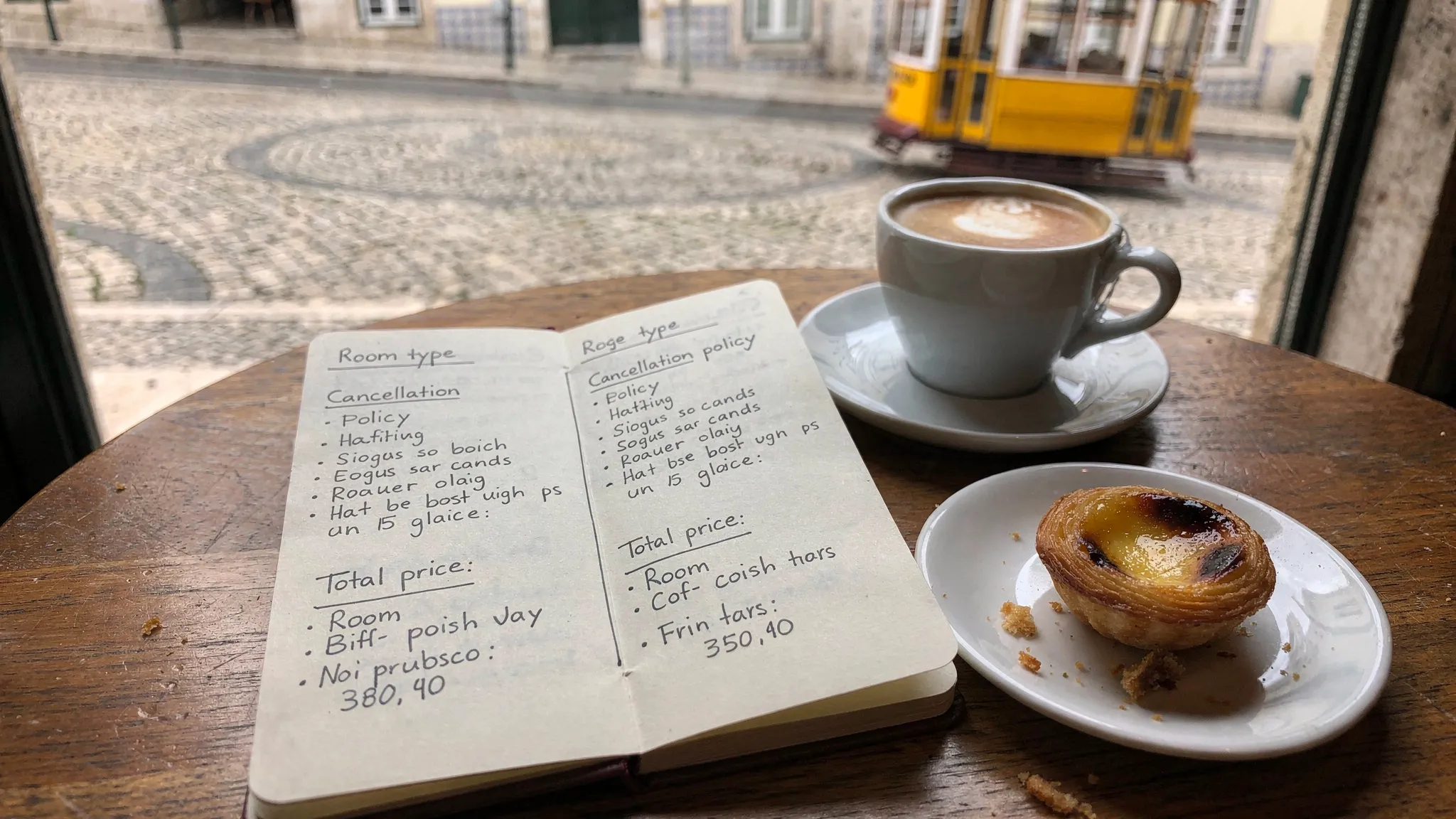A traveler’s small notebook on a café table with espresso and pastel de nata, showing a simple handwritten comparison of two hotel offers: room type, cancellation policy, and total price. In the background, a softly blurred Lisbon square suggests a practical, real-world deal-checking moment.