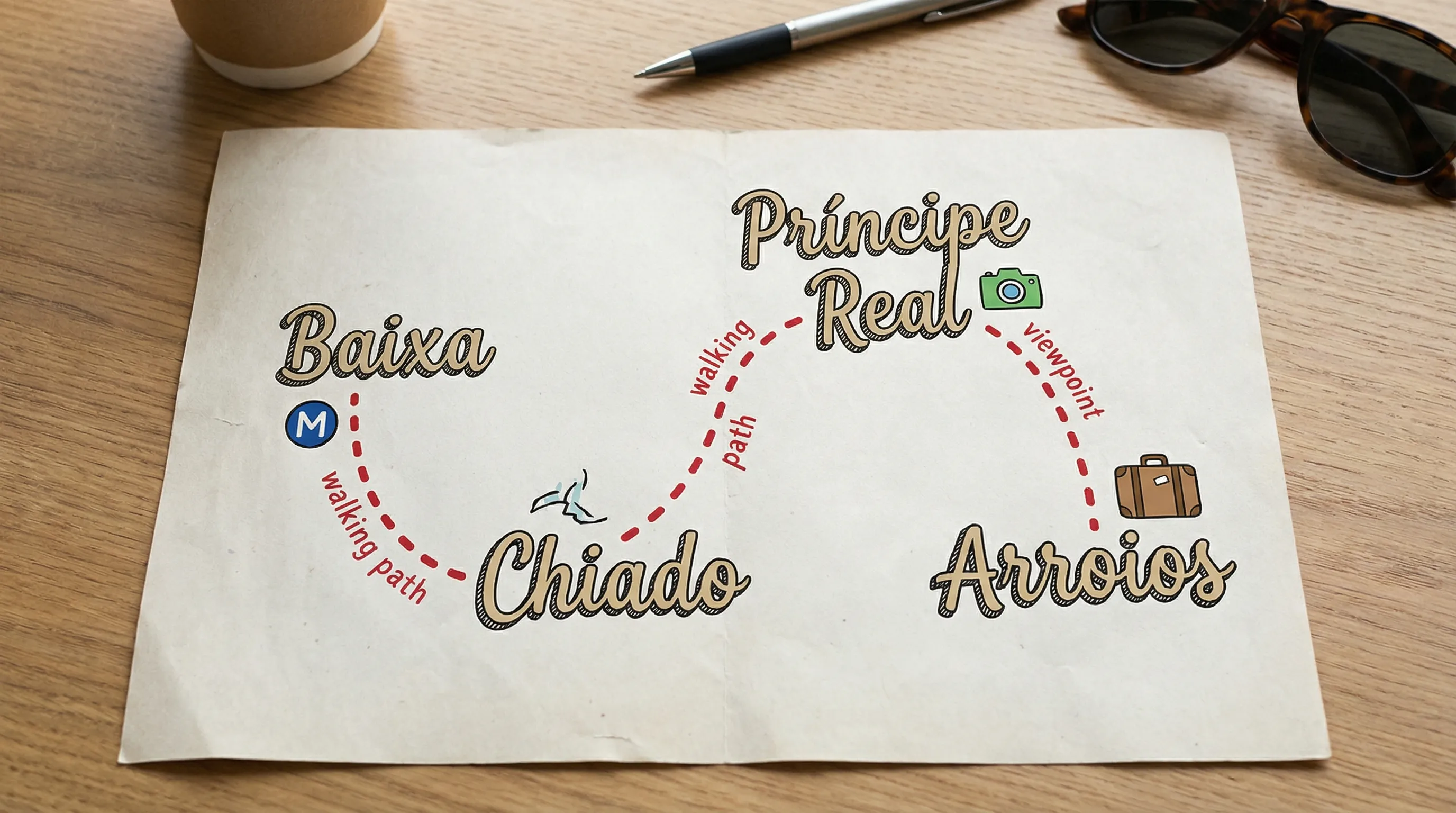 A simple illustrated map-style graphic showing a walking route across four Lisbon neighborhoods: Baixa, Chiado, Príncipe Real, and Arroios, with small icons for metro, viewpoint, and suitcase.