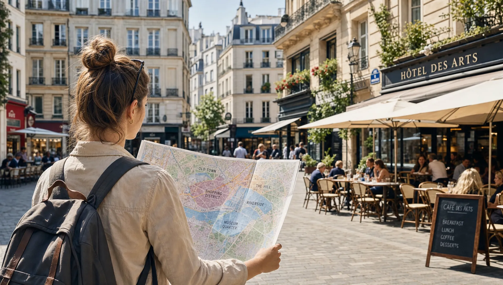 A traveler stands at the edge of a lively European city square with boutique hotel facades, café tables, narrow streets, and a folded paper map showing different neighborhoods for a city stay.