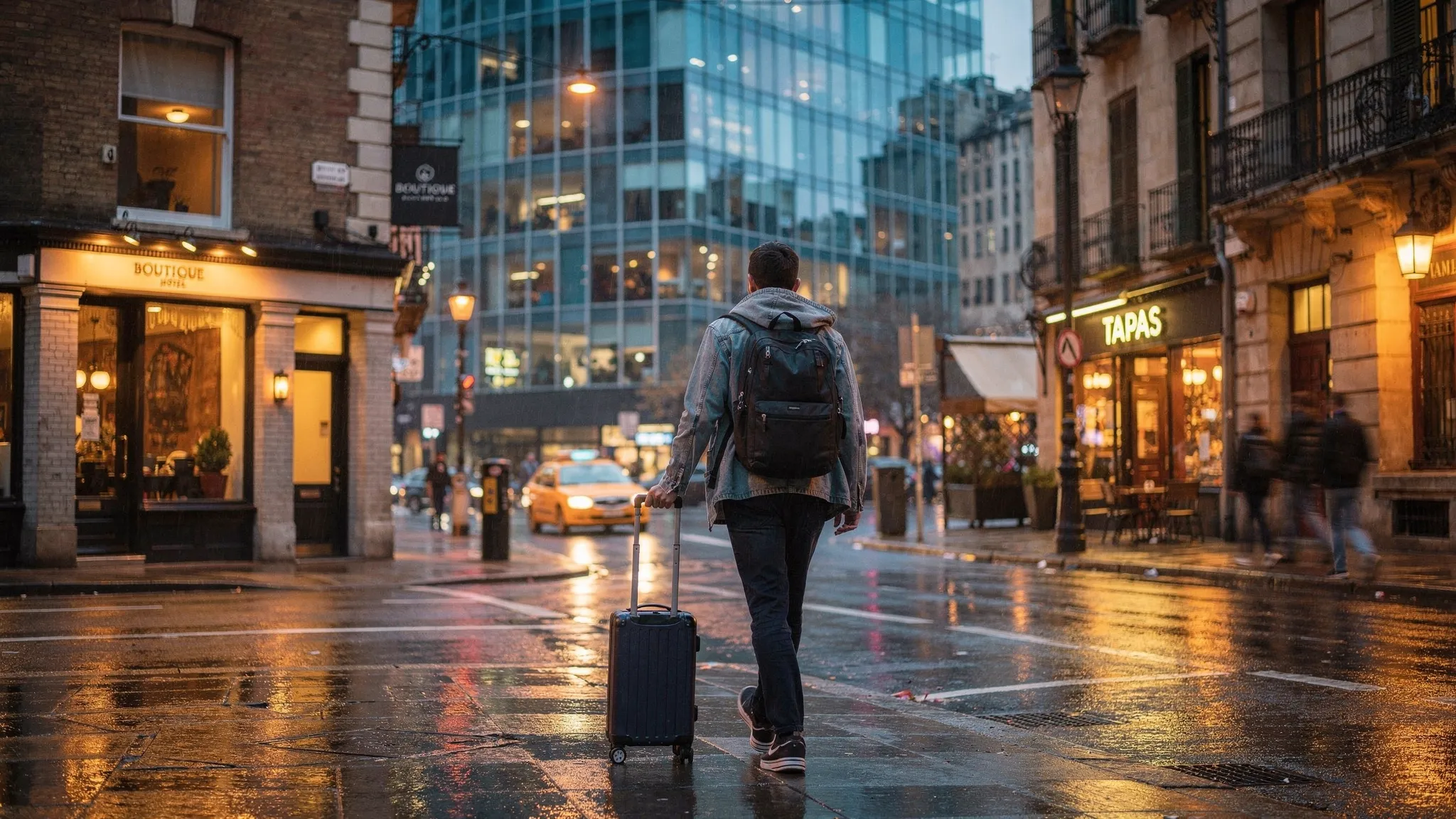 A traveler walking along a city street at dusk with boutique hotels, warm restaurant windows, wet pavement, and neighborhood landmarks suggesting London, New York, and Barcelona travel decisions.
