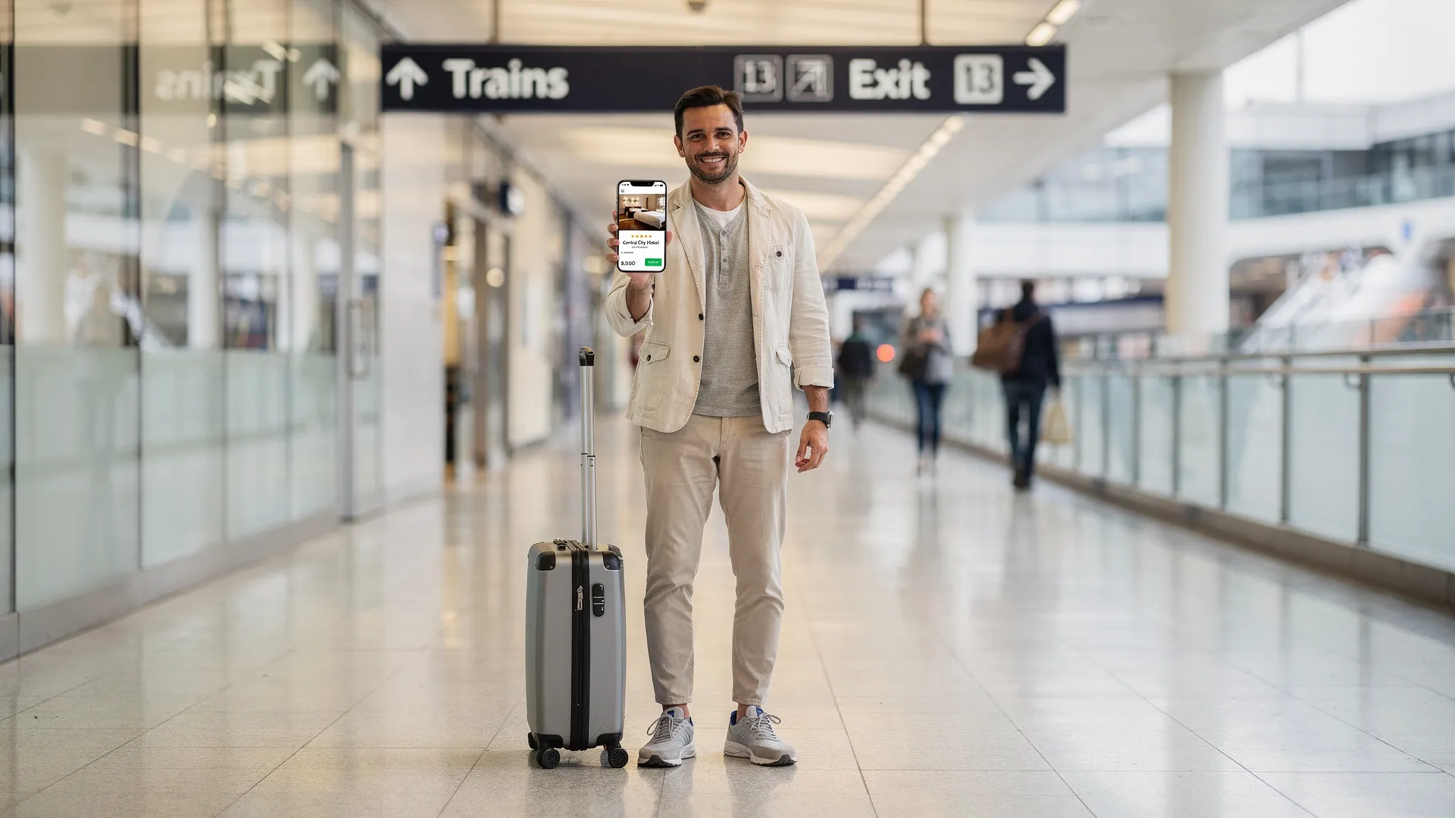 A traveler holding a phone with a hotel listing open while standing in a clean, modern train station corridor, small suitcase beside them, directional signage in the background.