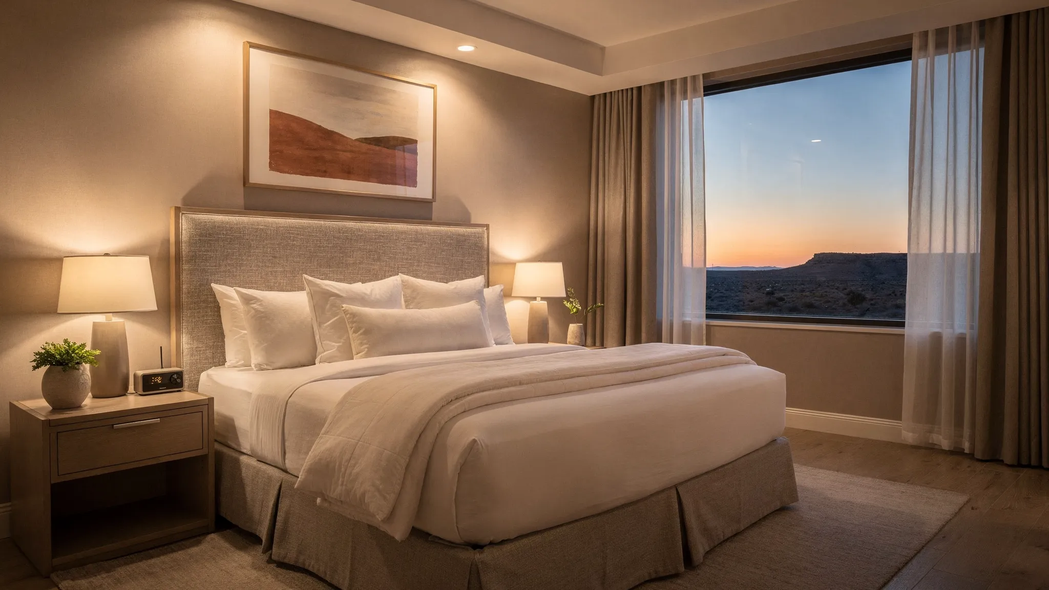 A serene Westin-style hotel room at dusk with soft warm lighting, layered white bedding on a plush bed, a textured headboard, minimalist nightstands, and a calm desert-toned color palette visible through a window.