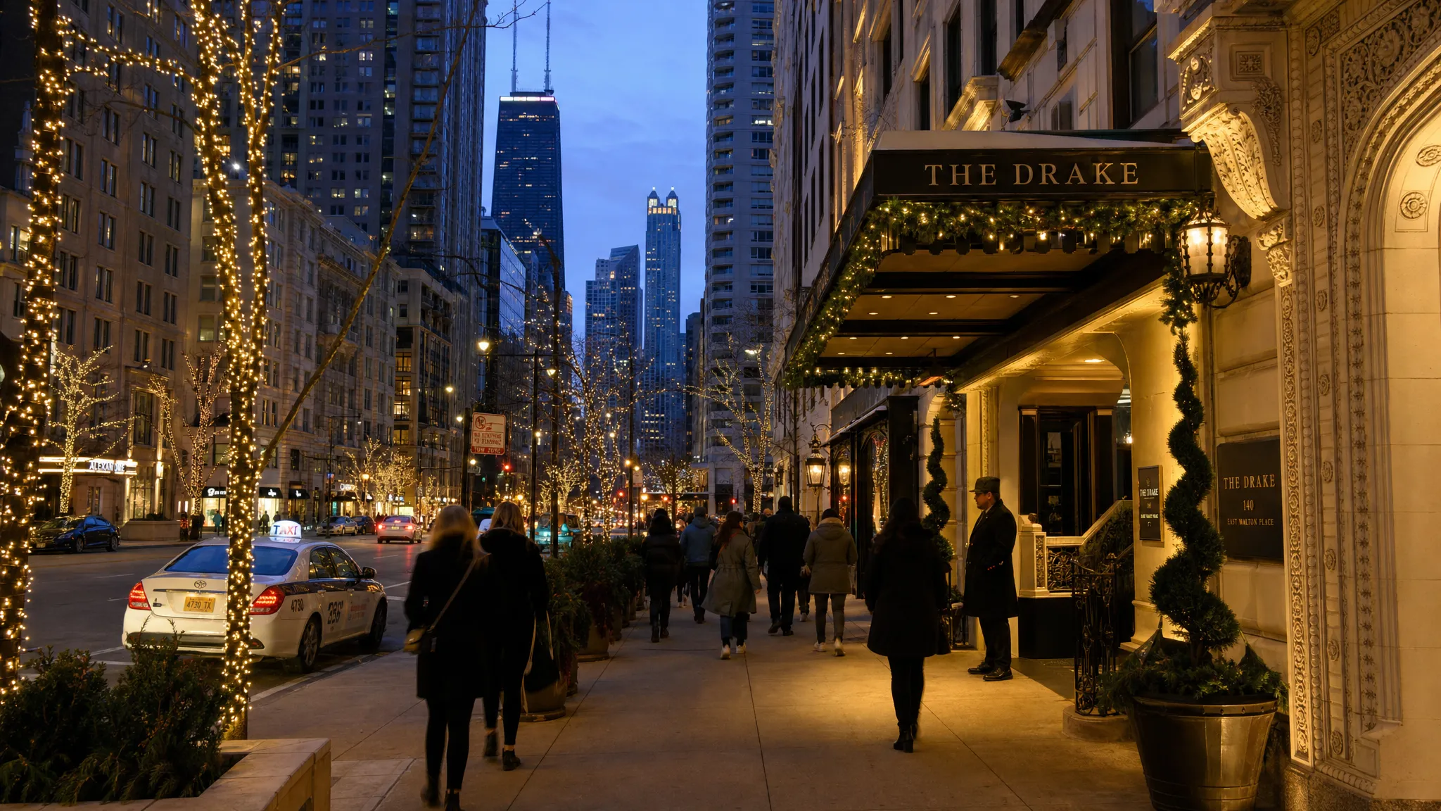 A winter evening street scene in Chicago's Gold Coast, with warm hotel lights, pedestrians in coats, elegant storefronts, taxis, and tall buildings framing a calm luxury neighborhood atmosphere.