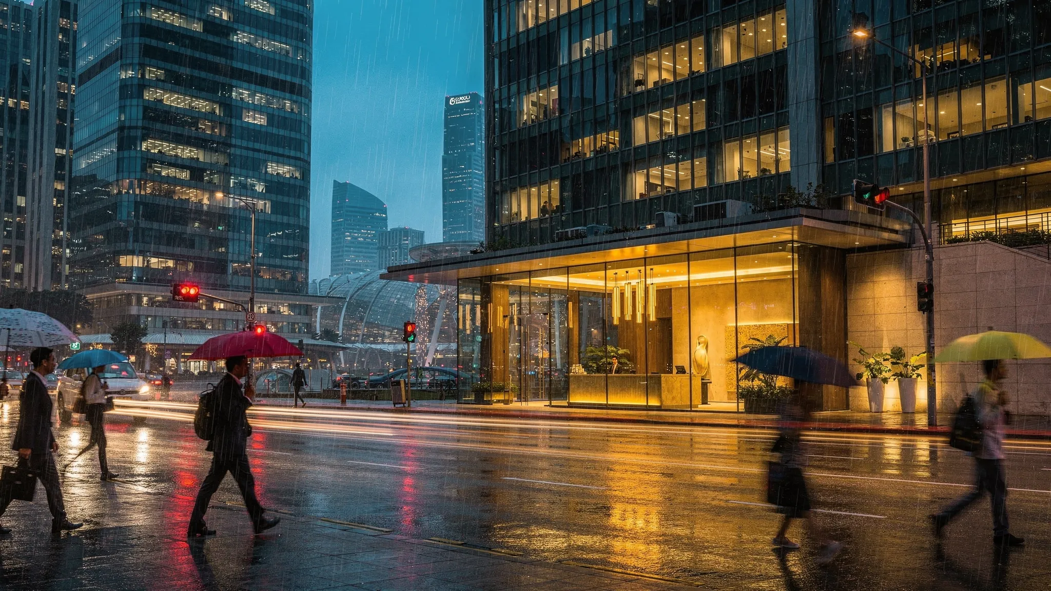 A rainy evening scene in Singapore’s Marina Bay business district with sleek glass towers glowing, pedestrians under umbrellas, and warm light spilling from a modern hotel lobby entrance across the street.