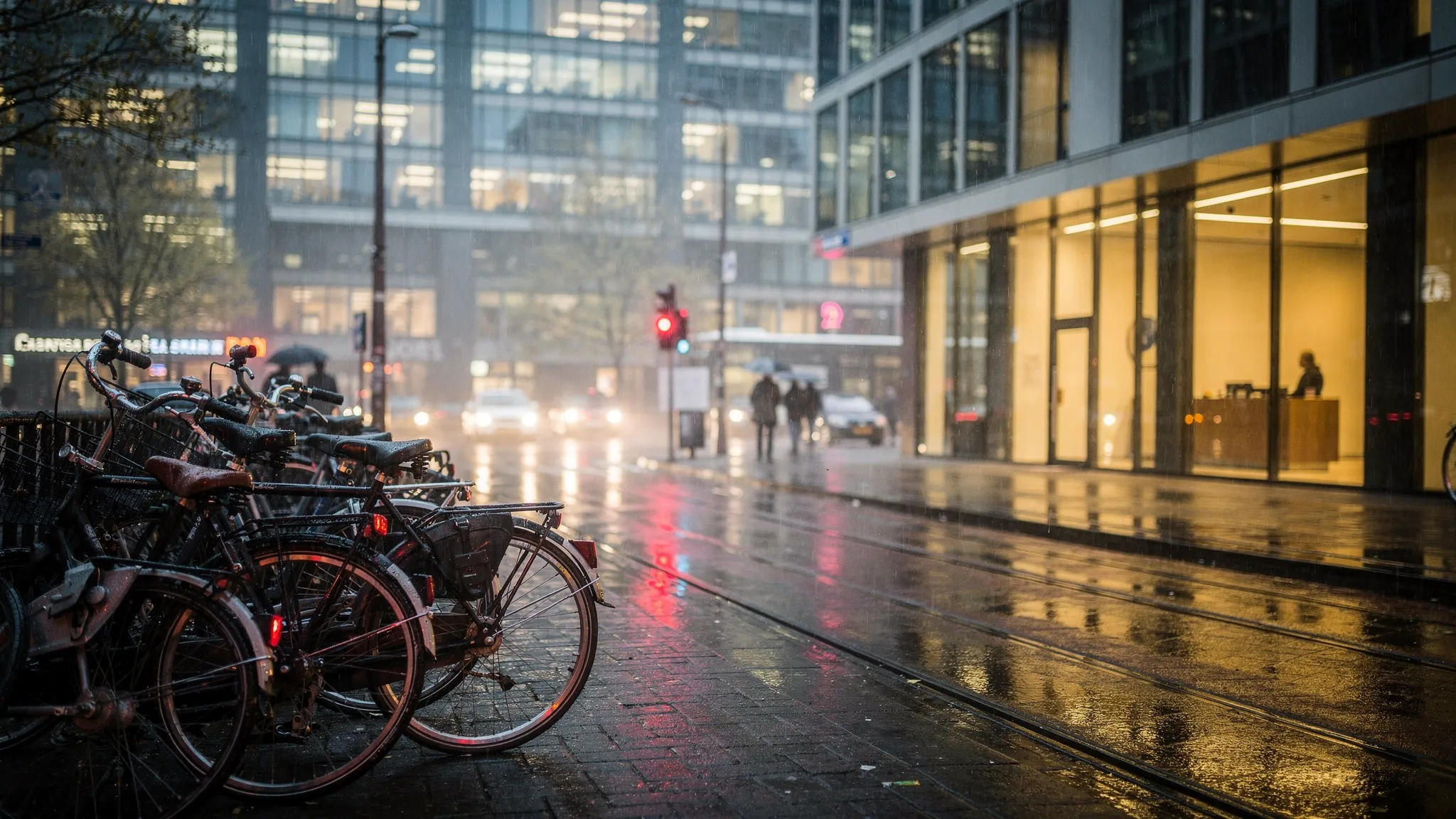 A rainy evening street scene in Amsterdam near a modern business district, with bicycles parked along the curb, warm light from hotel lobby windows, and tram tracks glistening on wet pavement.