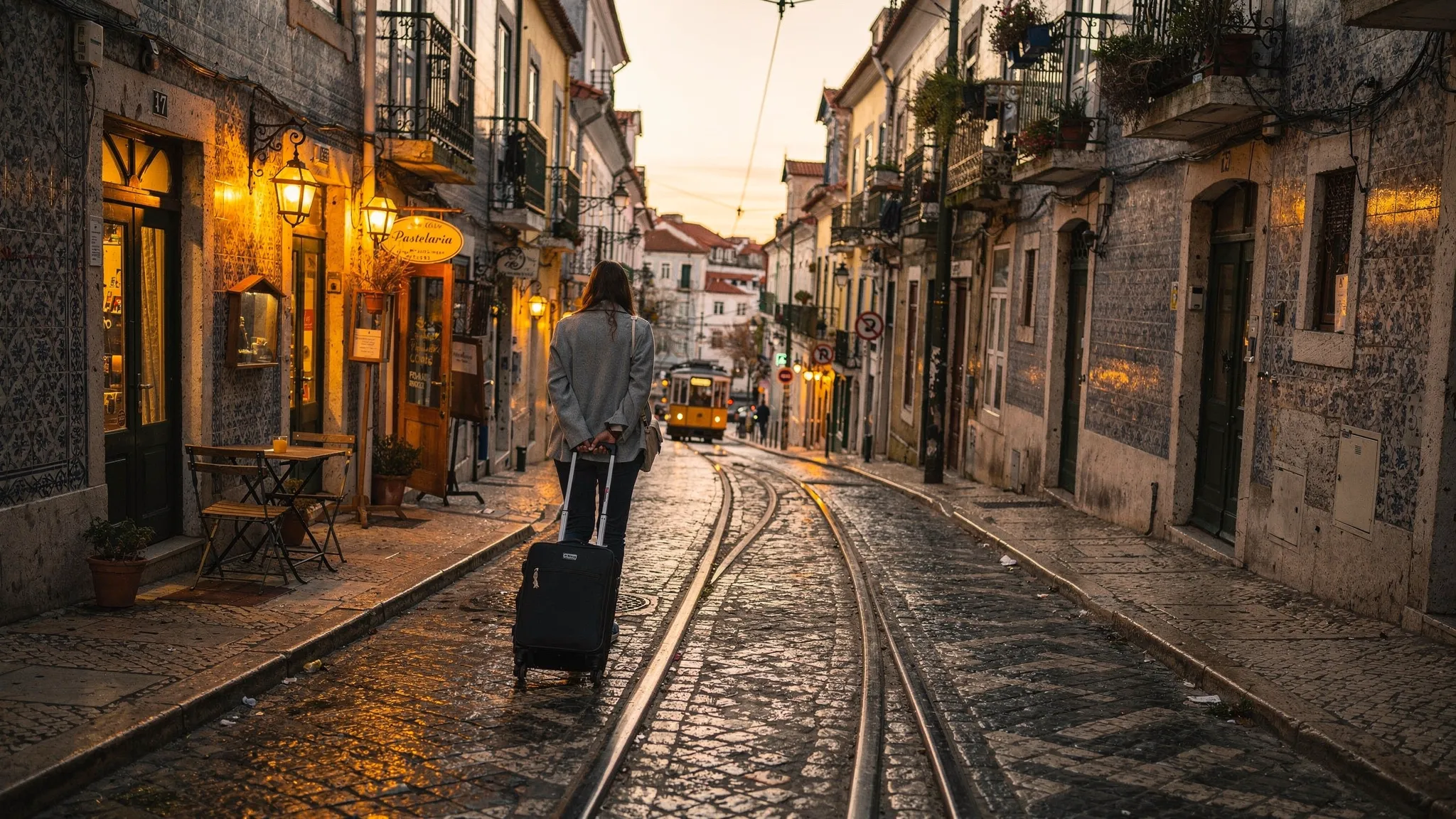 A traveler with a small suitcase walks along a narrow Lisbon side street with tiled facades, warm café lights, stone pavement, and a tram line curving in the distance, capturing the feeling of finding value just beyond the busiest tourist streets.