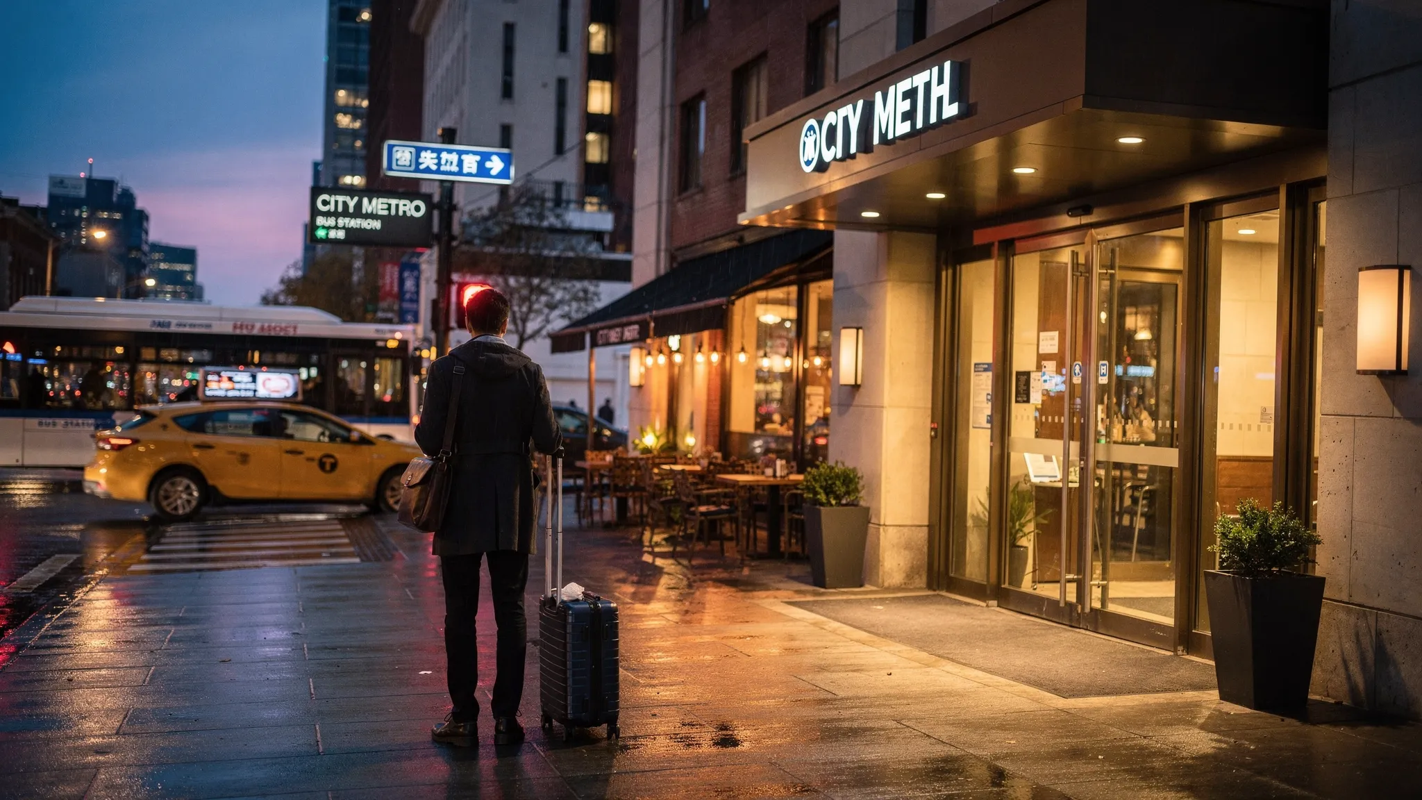A traveler standing outside a hotel entrance at dusk with a small suitcase, looking toward a lively city street with restaurants, taxis, and transit signs nearby.