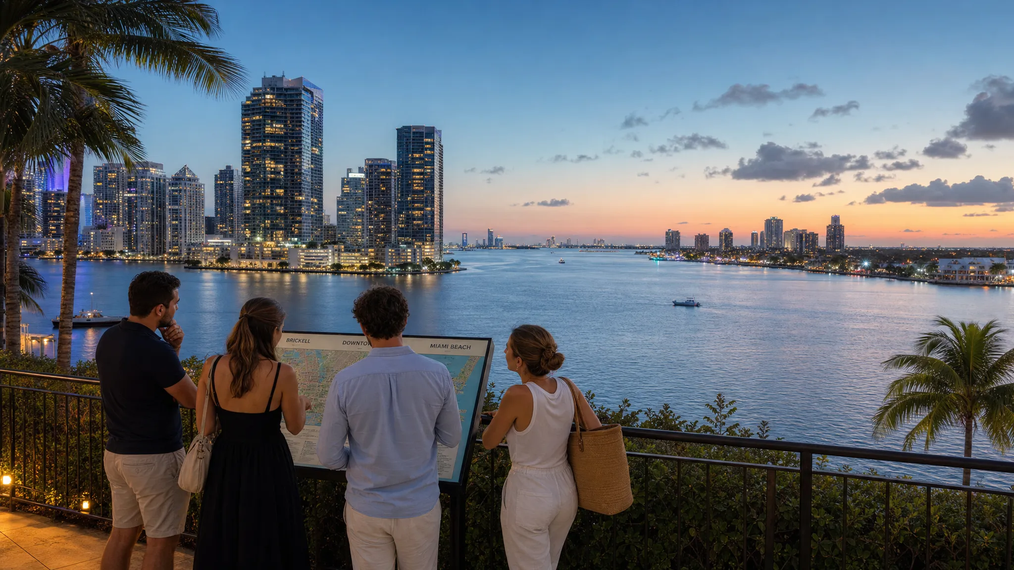 A Miami evening waterfront view with Brickell’s towers on one side, Biscayne Bay in the middle, and Miami Beach visible across the water, with palm-lined edges and a few adult travelers at a promenade overlook comparing the city’s different stay areas.