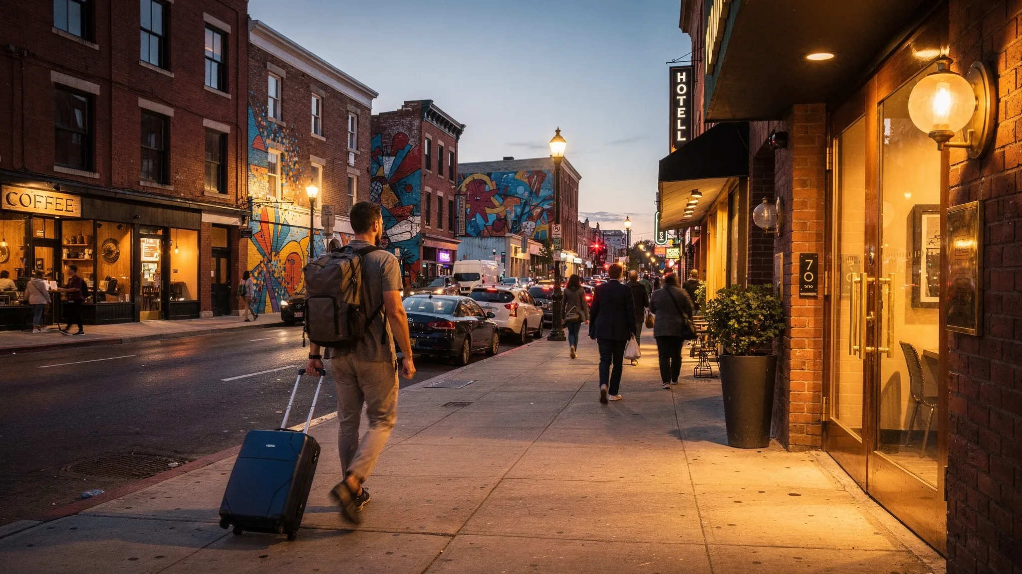 A traveler walking through a lively American city neighborhood at street level, passing brick buildings, small coffee shops, murals, and a hotel entrance with warm lighting, capturing an evening vibe with pedestrians and street sounds implied.