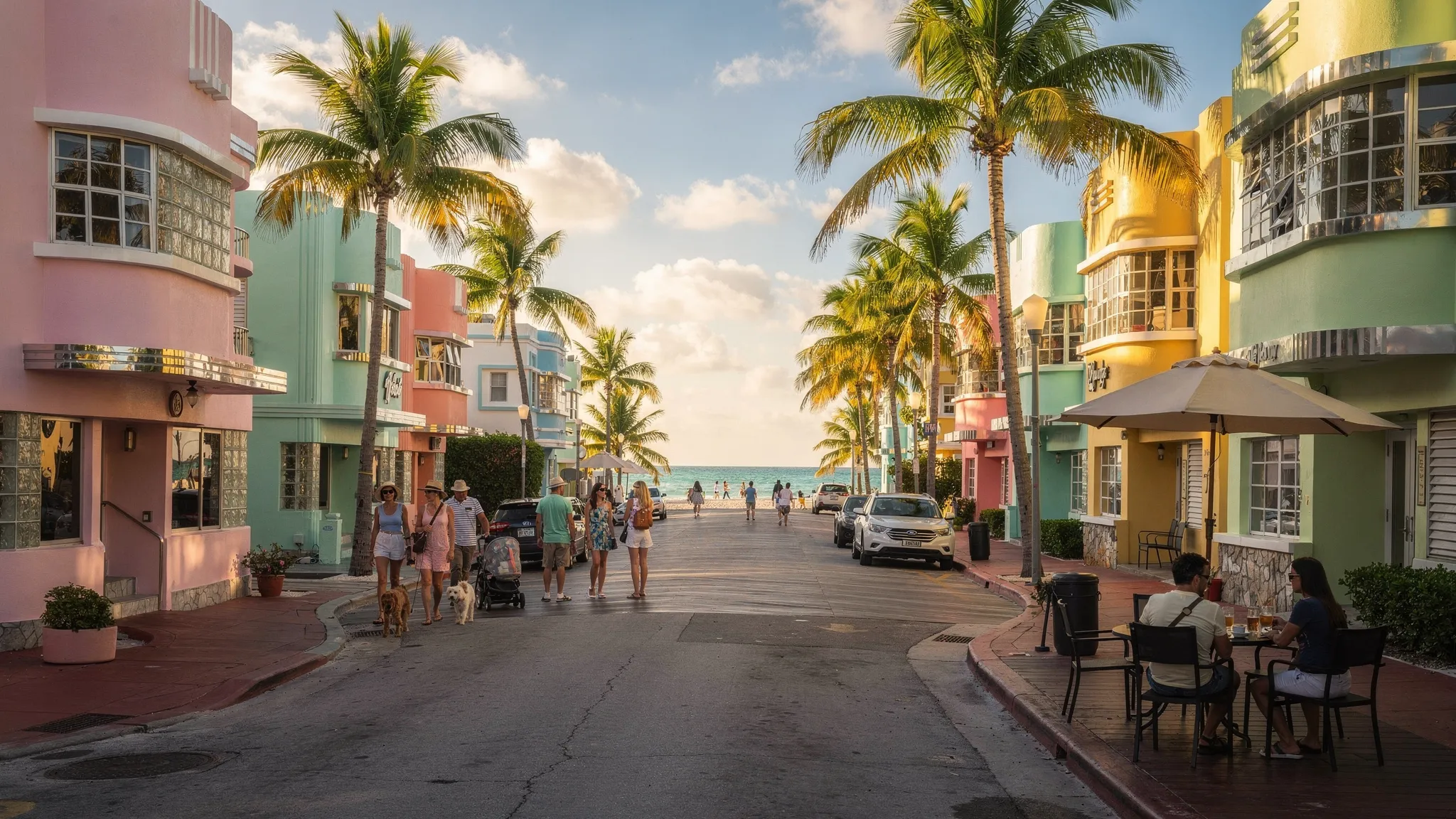 A sunlit Miami neighborhood scene transitioning into a beach boardwalk: pastel Art Deco buildings with geometric details, palm trees, and a glimpse of turquoise ocean at the end of the street; people stroll casually, outdoor cafe tables, warm late-afternoon light.