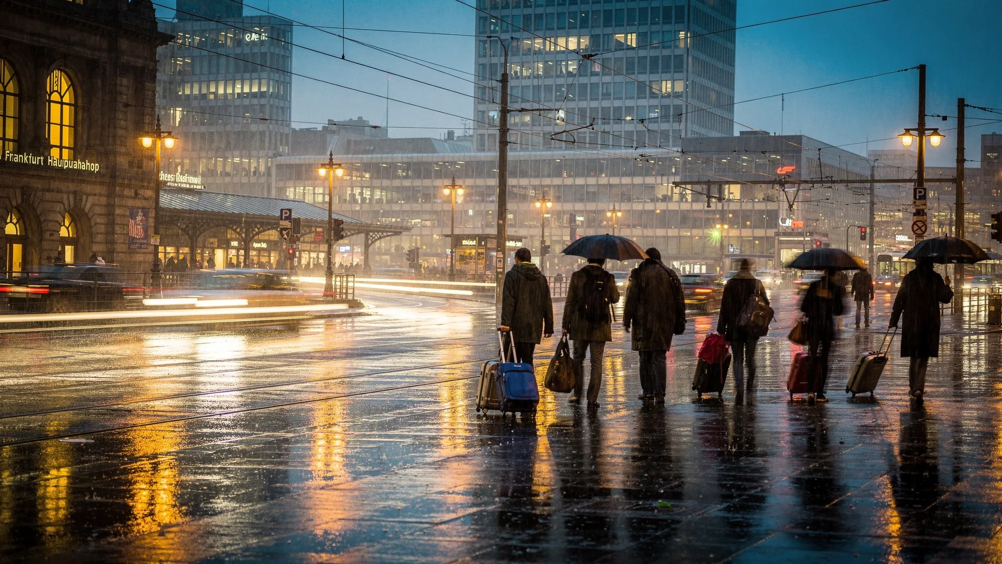 A rainy evening outside Frankfurt Hauptbahnhof with tram lines glowing on wet pavement, modern glass towers in the distance, and travelers rolling suitcases toward nearby hotels.