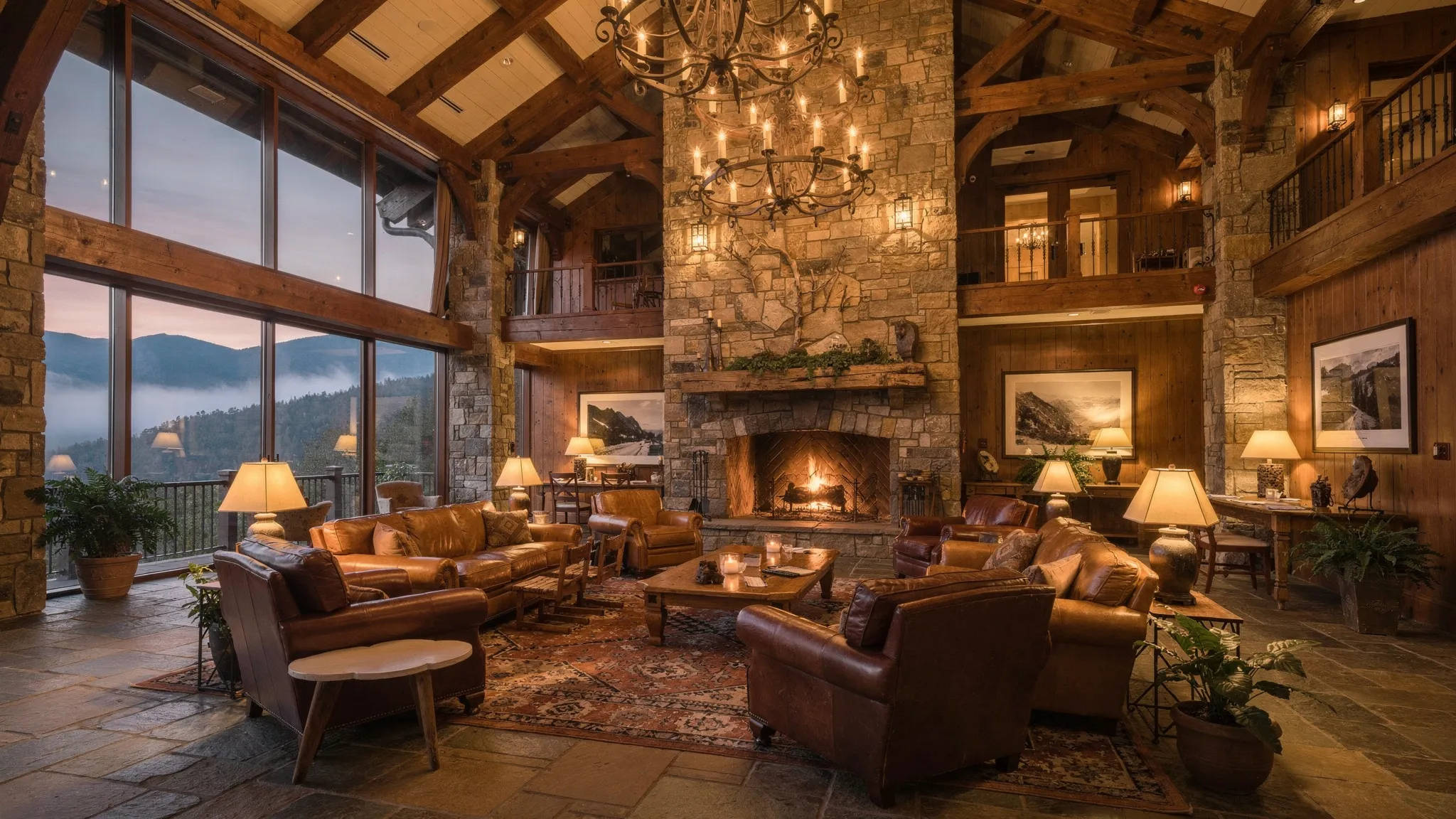 A grand historic mountain hotel lobby built of stone and timber, with an oversized fireplace, leather seating clusters, soft warm lighting, and large windows revealing misty Blue Ridge Mountains at dawn.