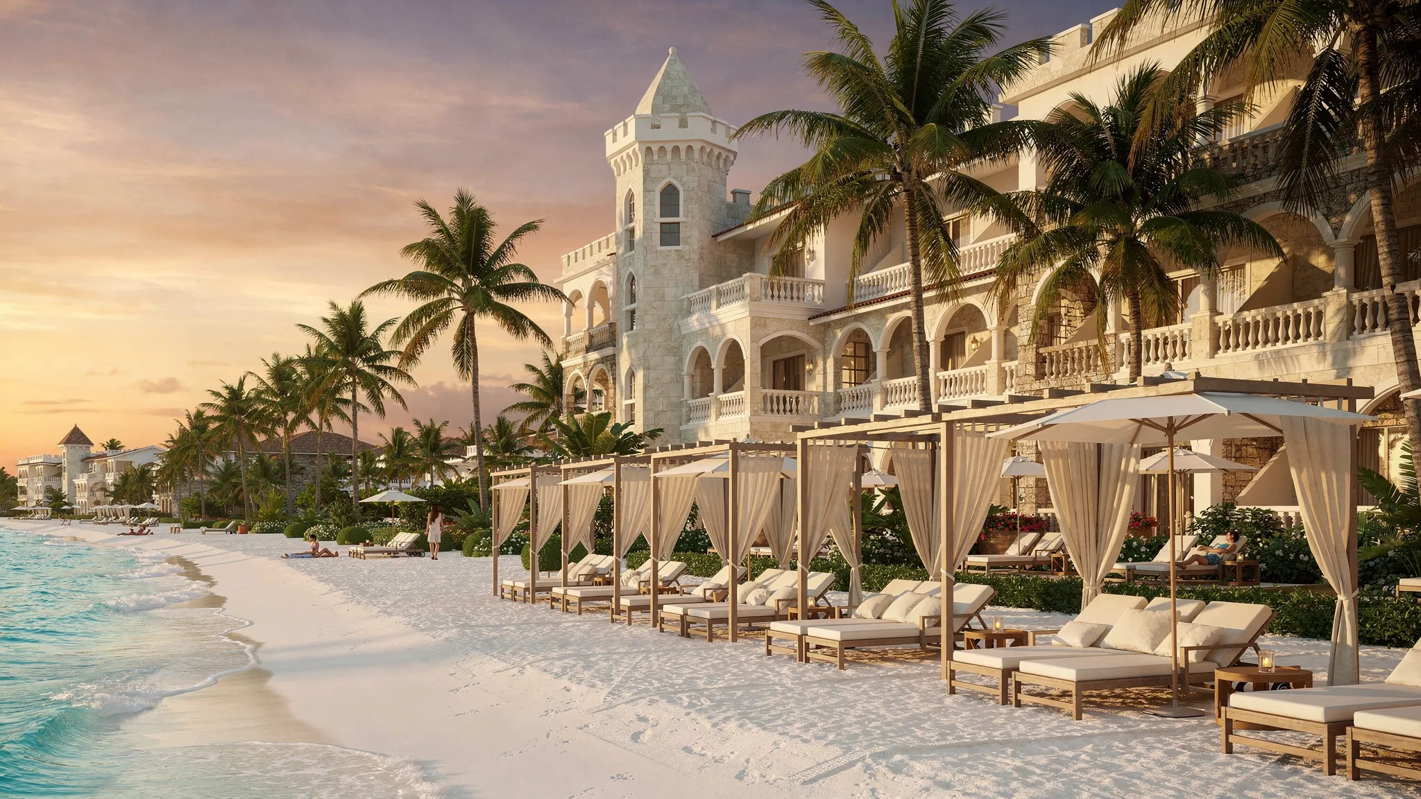 A calm adults-only beachfront resort in Cap Cana with castle-inspired architecture, palm trees, bright turquoise water, white sand, shaded loungers, and warm sunset light over the Dominican Republic coast.