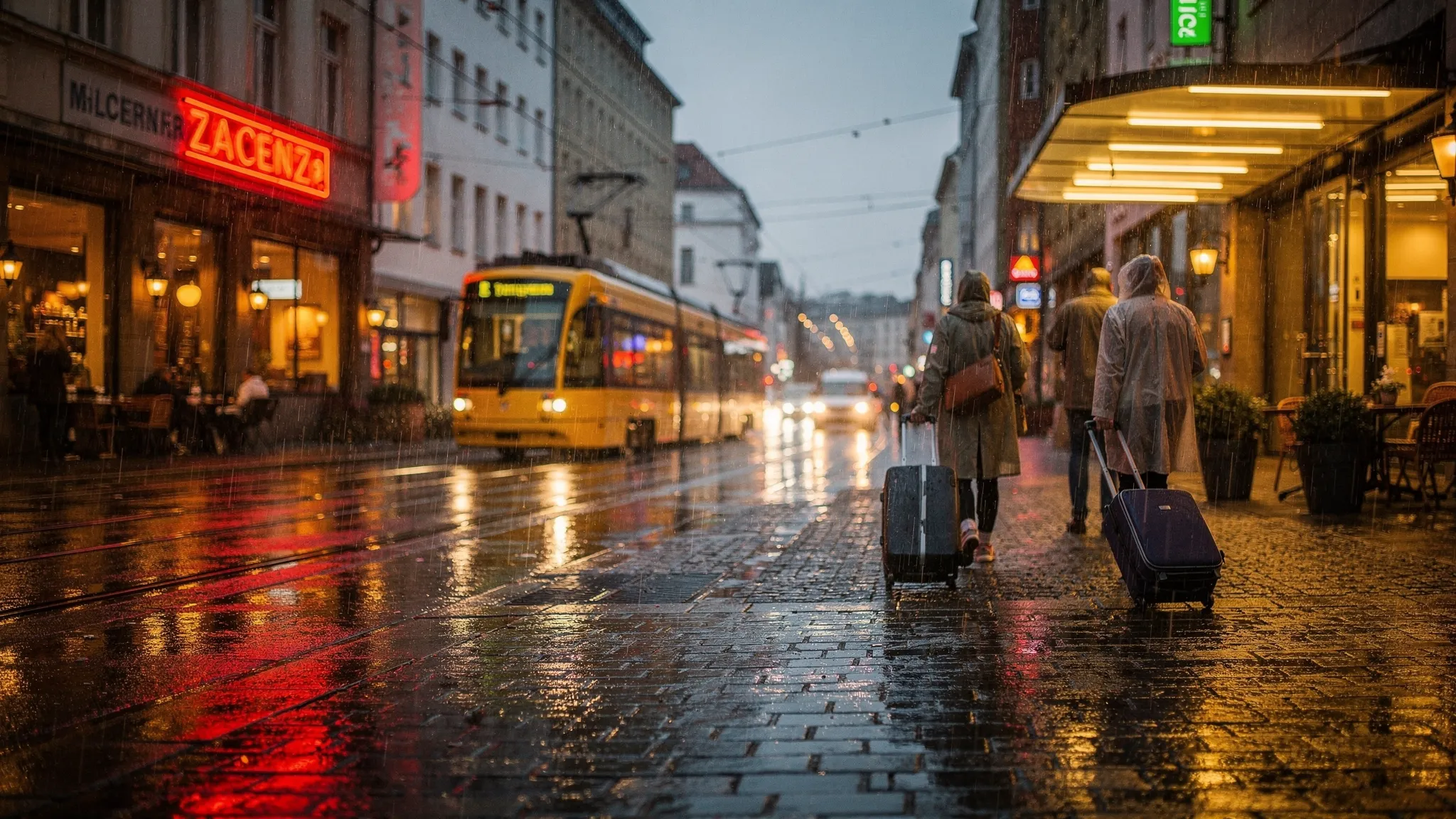 A rainy evening street scene in Berlin’s Mitte neighborhood with warm light spilling from café windows, modern trams passing by, and travelers rolling suitcases along wet cobblestones near a hotel entrance.
