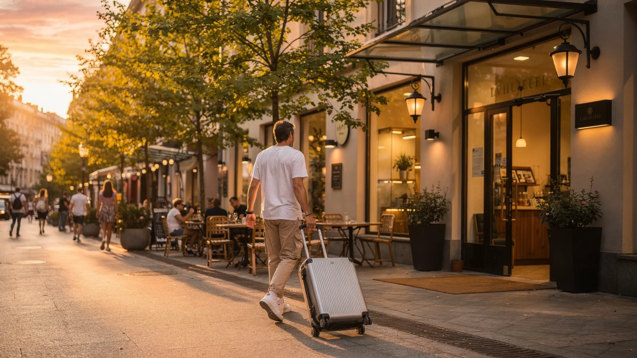 A traveler rolling a small suitcase along a lively city street at golden hour, passing a boutique hotel entrance, cafés, trees, and local shops with warm lights beginning to glow.