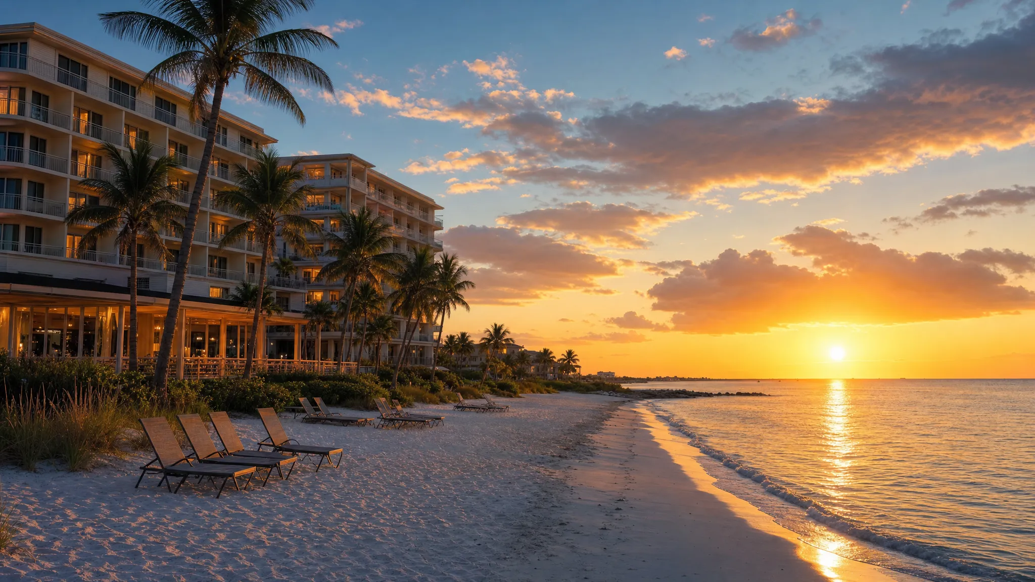 A Florida coastline at sunset with a beachfront hotel, palm trees, white sand, and calm Gulf water, showing travelers how hotel location changes the feeling of a beach stay.