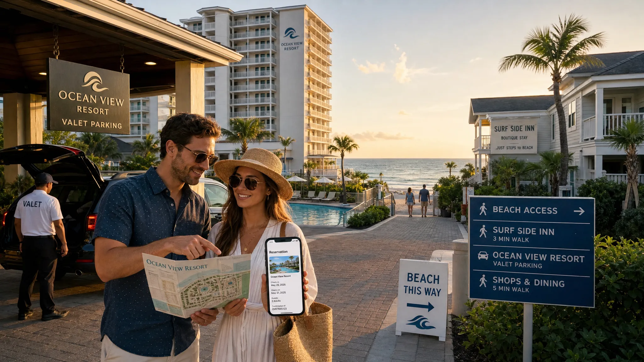 Wide landscape view of a Florida beachfront resort corridor at golden hour, with one prominent hotel tower, a lower boutique-style inn nearby, palm trees, a visible pool deck, and the ocean stretching beyond the buildings. Show an adult traveler couple at a valet drop-off comparing a hotel map and reservation on a phone, with the screen facing the camera. Include clear signs of parking, beach access, and walkability so the image communicates the tradeoff between resort convenience and a simpler beach stay.