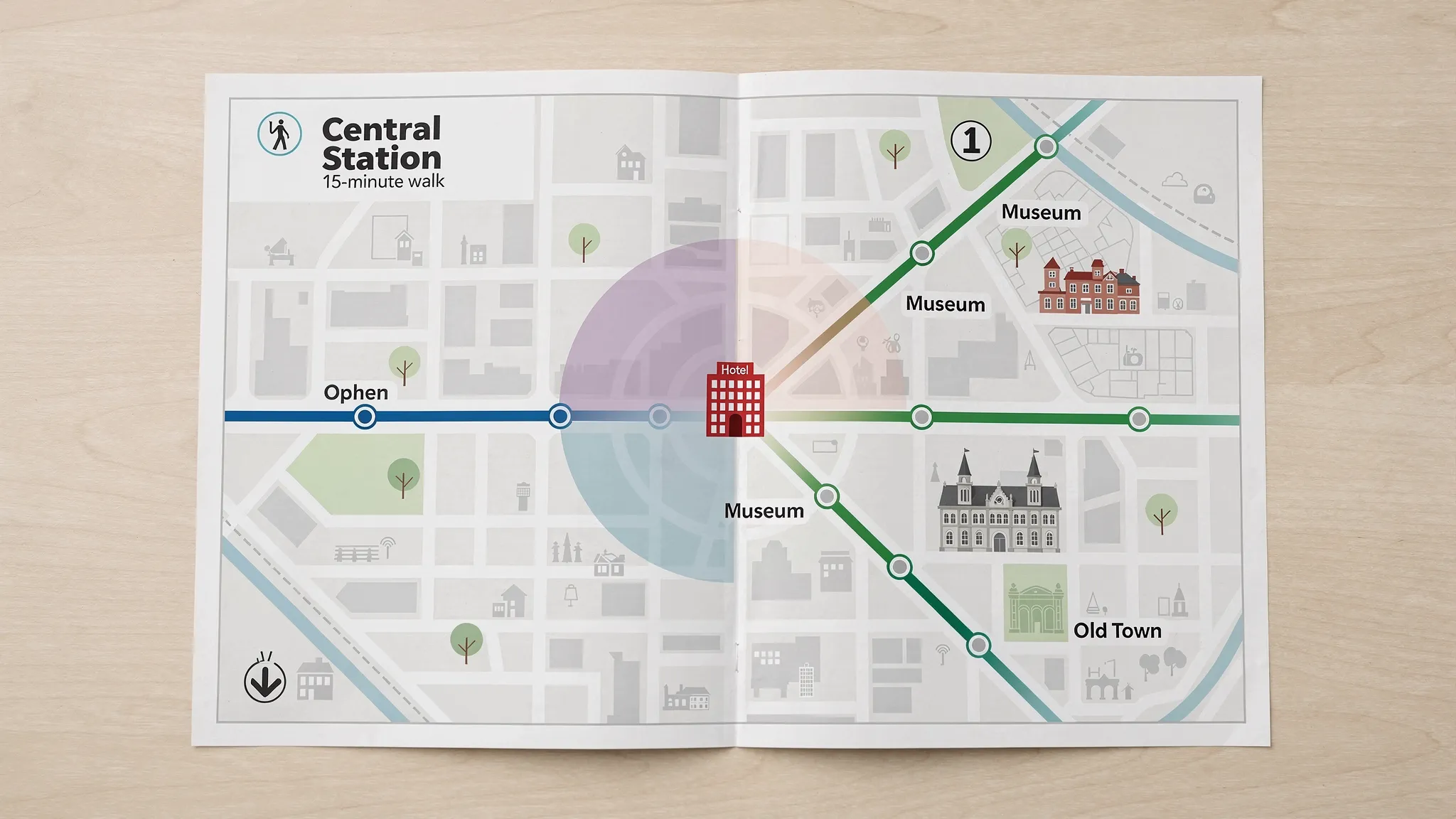 A simple illustrated city map showing a hotel icon, a 15-minute walking radius circle, and two intersecting transit lines with key stops like “Central Station,” “Museum,” and “Old Town.”