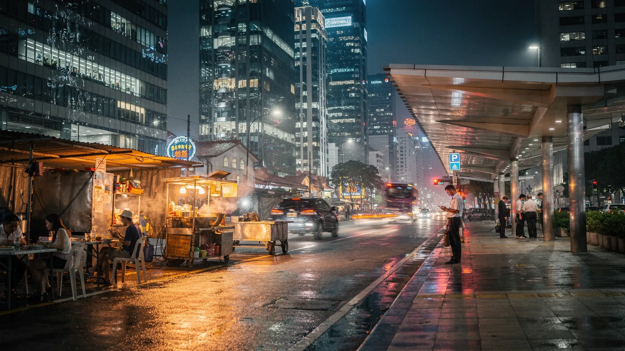A nighttime street scene in Singapore’s central business district with illuminated skyscrapers, a sheltered sidewalk, and a nearby hawker-style food area glowing with warm light, capturing the contrast between modern finance and local street life.