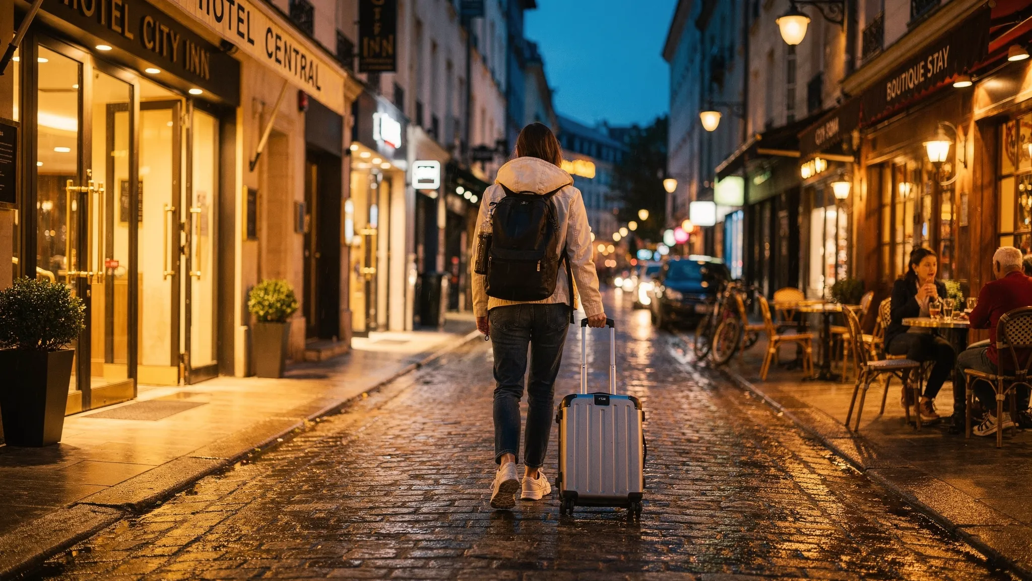 A traveler walks through a lively European city neighborhood at dusk with a small rolling suitcase, passing a row of hotel entrances and cafes. Warm streetlights reflect on cobblestones, and storefront signs suggest different lodging options nearby.