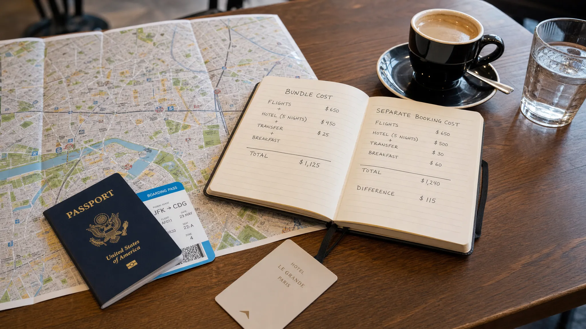 A paper city map spread across a café table beside a notebook with two handwritten columns comparing bundle cost and separate booking cost, with a passport, boarding pass, and hotel key card nearby.