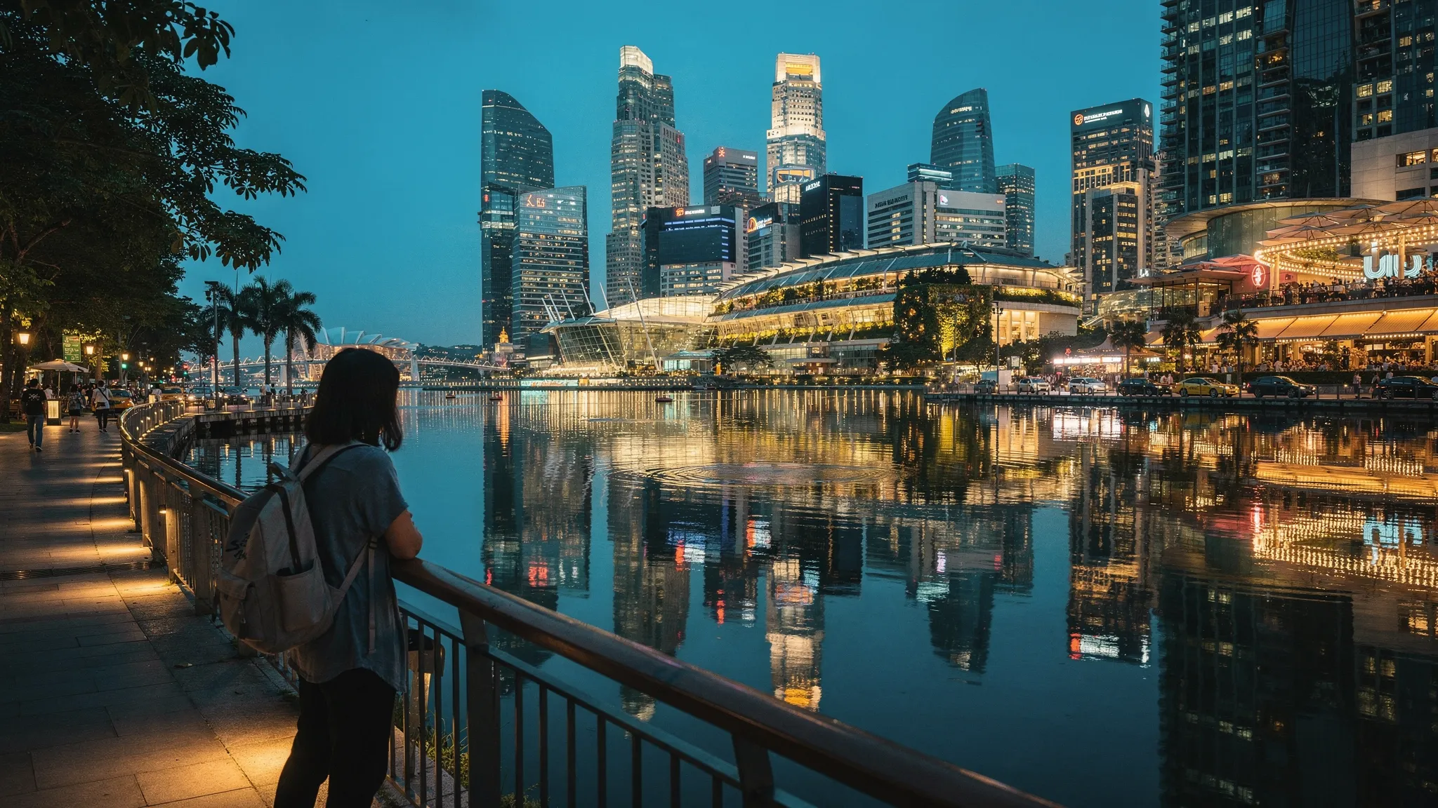 A traveler stands at the edge of Singapore's Marina Bay at dusk with illuminated hotels, garden terraces, and city towers reflected in the water, while nearby streets show taxis, pedestrians, and restaurant terraces.