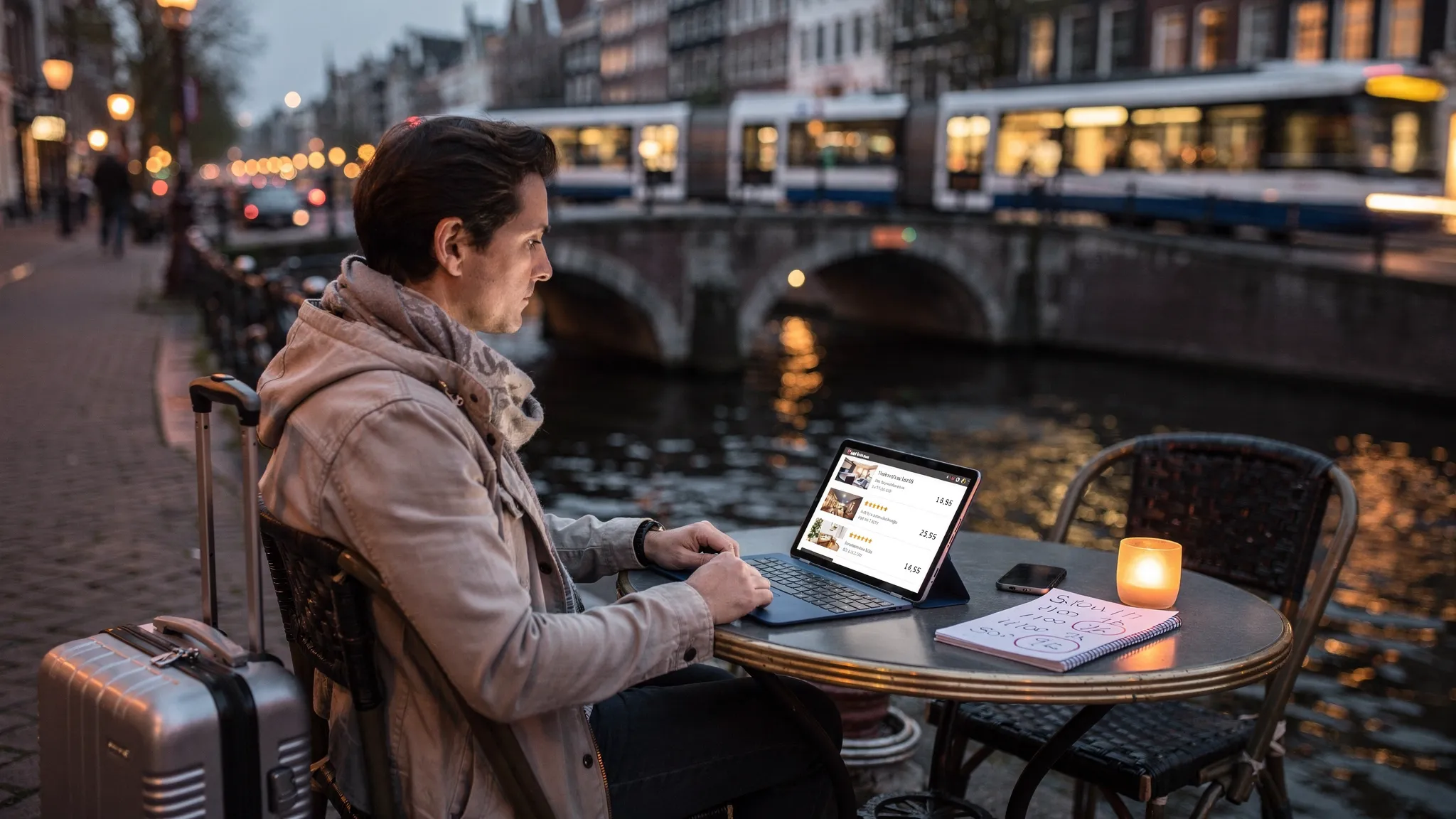 Landscape, eye-level view at dusk of a solo traveler sitting at a small canal-side café table in Amsterdam. A medium-wide composition shows the traveler in three-quarter profile, a compact suitcase upright beside the chair, and a tablet on the table whose screen faces the camera and displays a generic hotel-list layout (no brand logos). A smartphone and a printed notepad with circled prices sit next to the tablet. In the background, softly lit canal bridges, narrow canal houses, and a passing tram are gently out of focus, suggesting neighborhood choices and evening transport. The overall mood mixes cool silver-hour light with small warm highlights from street lamps, conveying decision-making and travel tradeoffs.