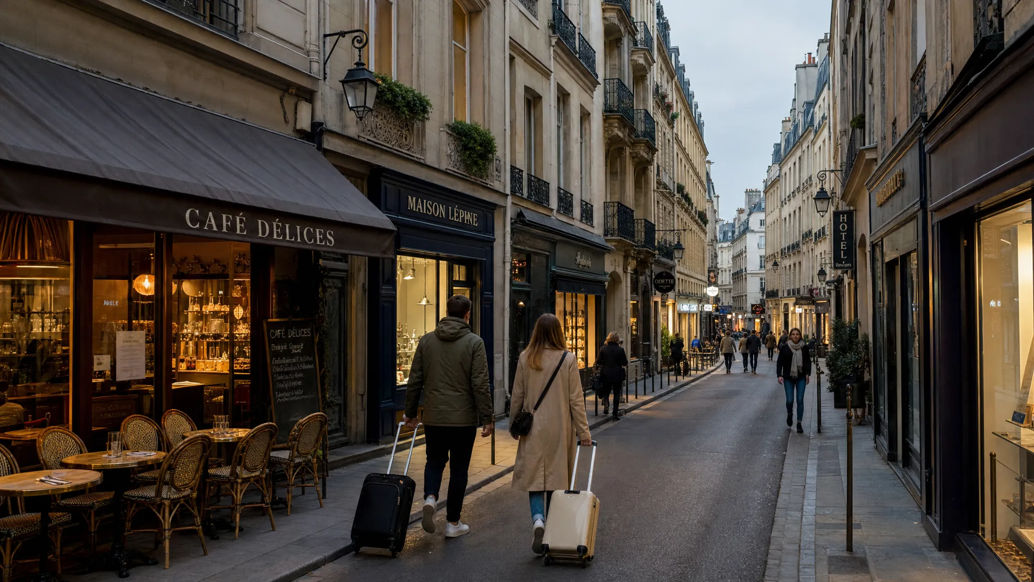 A quiet Paris side street at early evening with small boutiques, cafe tables, warm window light, and travelers walking with small suitcases past historic stone buildings.