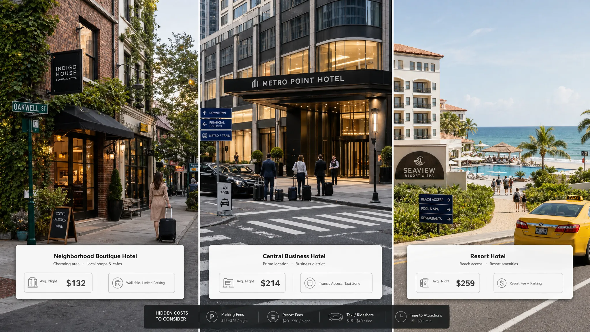 A wide, eye-level scene of three different hotel options in one city framed as a practical comparison: a sleek central business hotel facade, a smaller neighborhood boutique hotel on a side street, and a distant resort-style property with a pool terrace and beach access path suggested in the background. Travelers are visible only as small figures with luggage near a curbside drop-off, while street signs, taxis, and pedestrian crossings hint at different transport costs and neighborhood tradeoffs. The composition should feel like a decision point about location, value, and hidden expenses, with no single hotel dominating the frame.