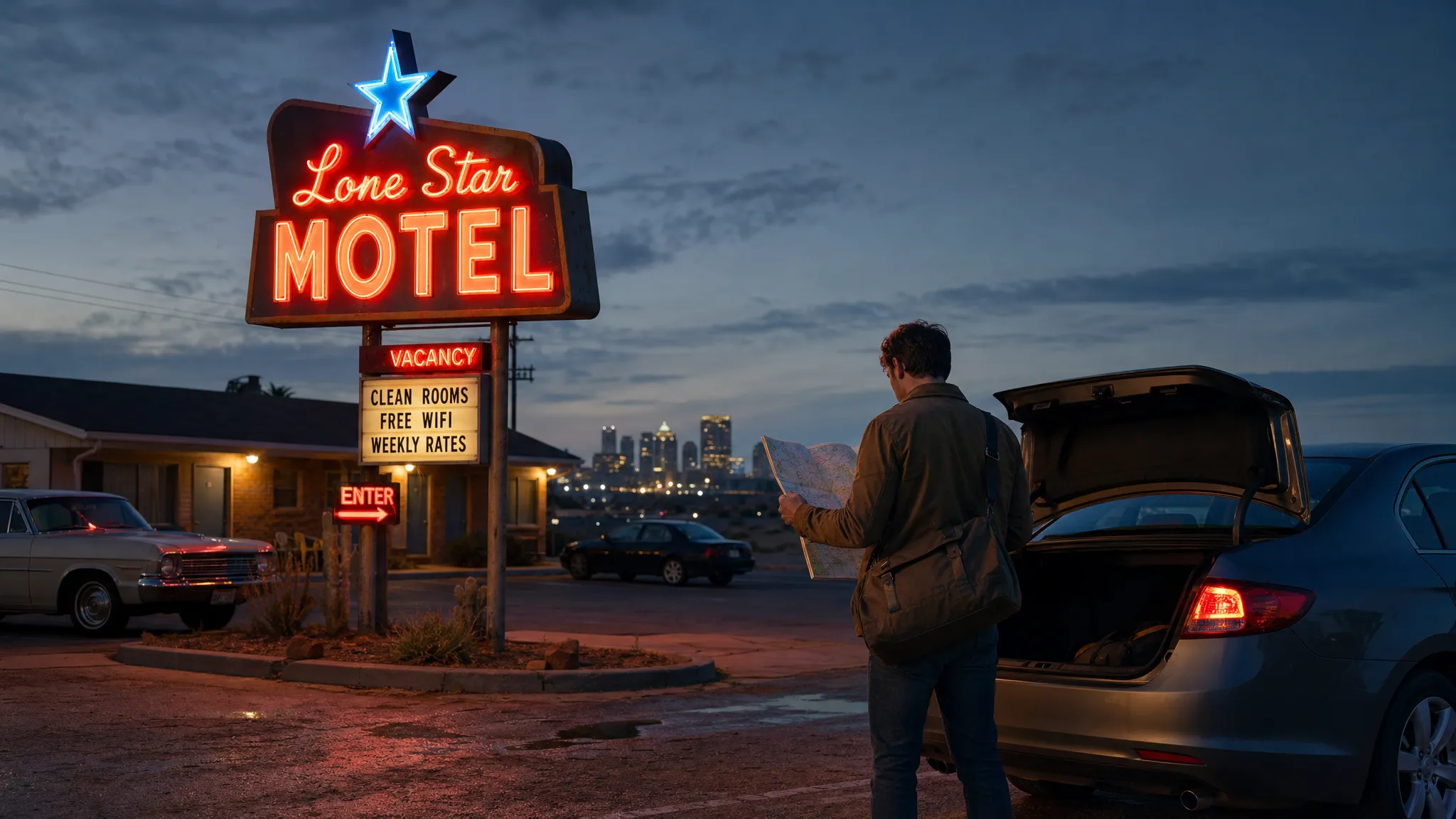 A glowing roadside motel sign beside parked cars, with a traveler holding a folded map near the trunk and a city skyline faintly visible in the distance.