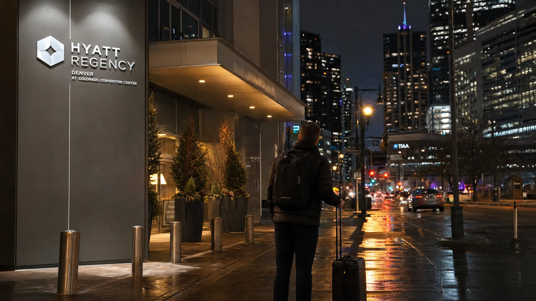 A traveler with a rolling suitcase stands outside a downtown Denver hotel at night, with wet pavement, glowing streetlights, and office buildings behind them.