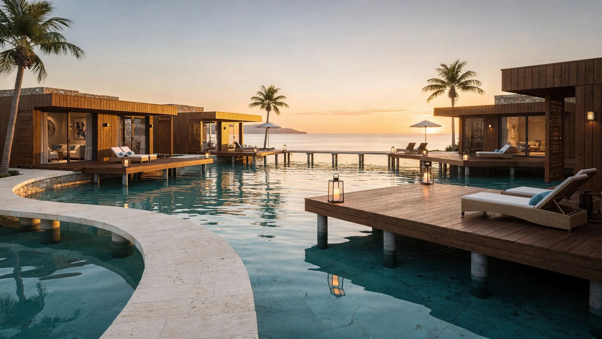 A serene overwater-villa lagoon scene in Crete at golden hour, with wooden decks over turquoise water, pale stone walkways, palm trees, and warm light reflecting on the water.