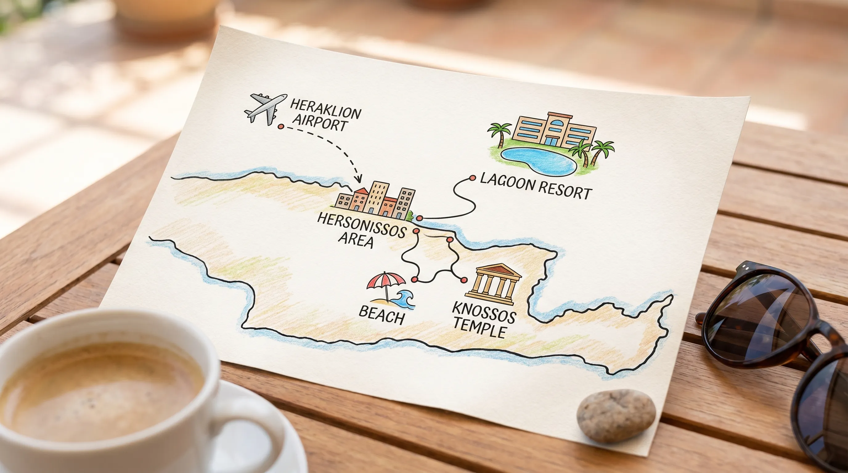 A simple illustrated mini-map of a Crete stay showing Heraklion Airport, Hersonissos area, a lagoon resort icon, a beach icon, and Knossos as a small temple symbol, connected by short route lines.
