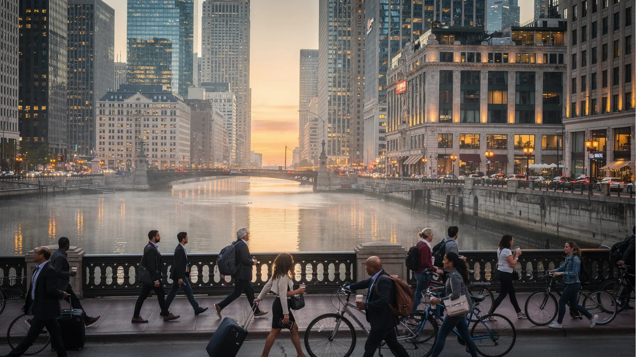 Early morning in downtown Chicago with the river reflecting steel and glass towers, commuters crossing a bridge with coffee and luggage, and hotel facades glowing softly near the Loop.