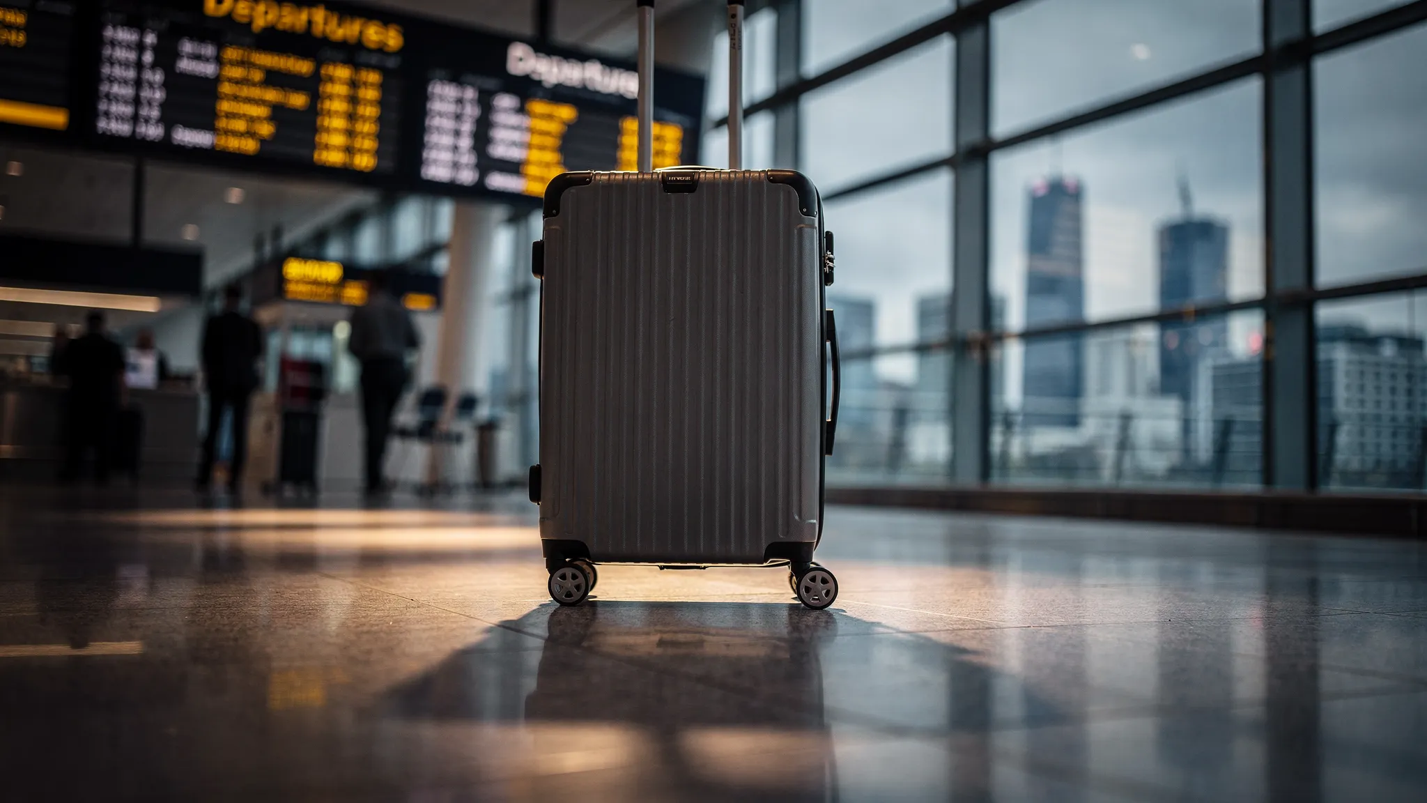 A moody, cinematic travel scene showing a carry-on suitcase rolling across a polished station floor with overhead departure boards blurred in the background, and a city skyline visible through large windows, suggesting a business traveler choosing a transit-friendly hotel.