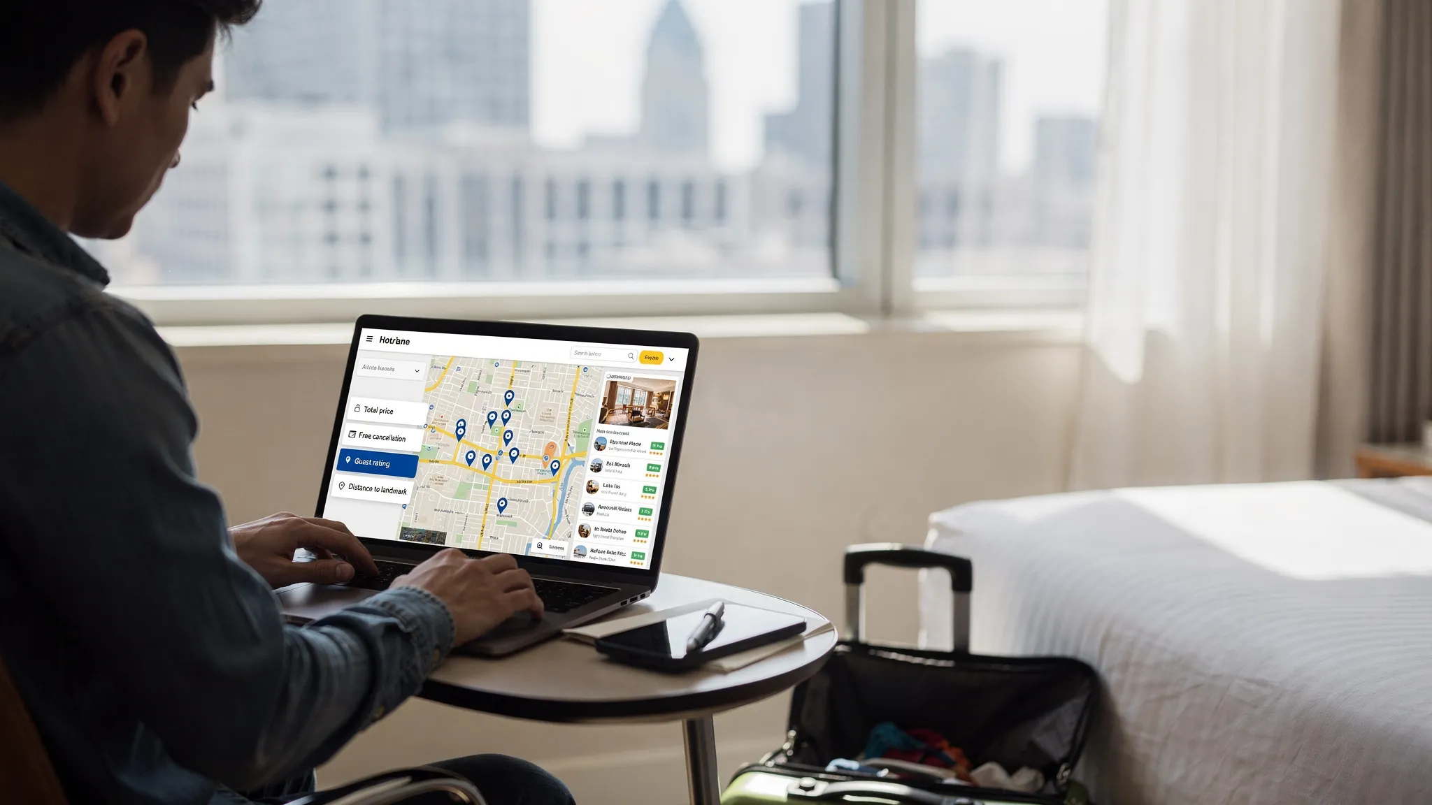 A traveler comparing hotel listings on a laptop with a map view and filter sidebar showing toggles for total price, free cancellation, guest rating, and distance to landmark, with a city skyline hinted in the background.