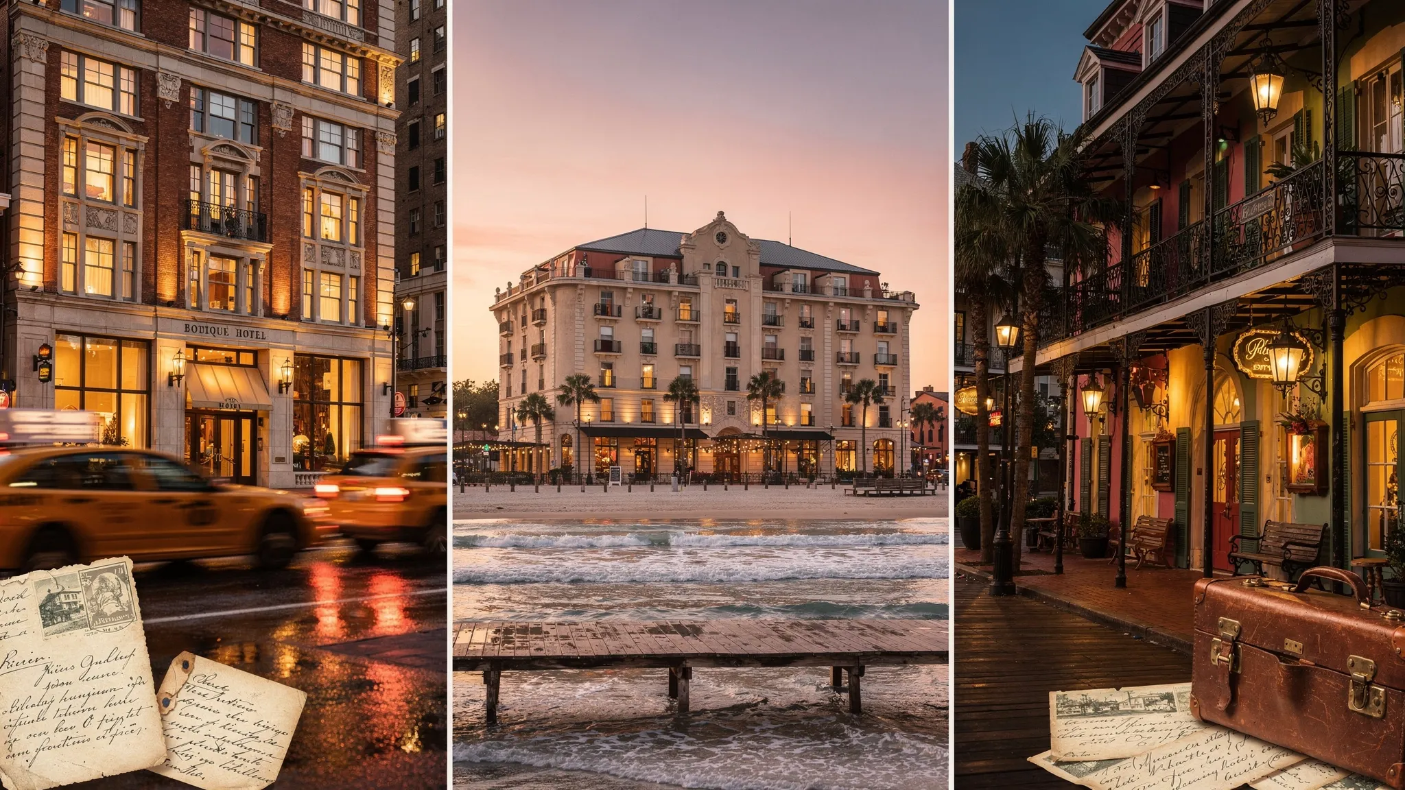 A collage-style scene featuring three iconic American city hotel exteriors at dusk (New York, a coastal resort setting, and New Orleans French Quarter architecture), with subtle historical elements like old postcards and vintage luggage.