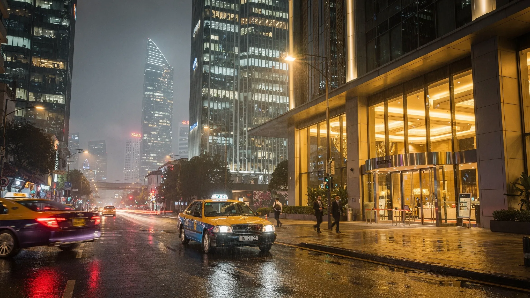 A nighttime street scene in Singapore’s central business district with illuminated glass towers, a taxi pulling up near a modern hotel entrance, and warm lobby lighting spilling onto the sidewalk.