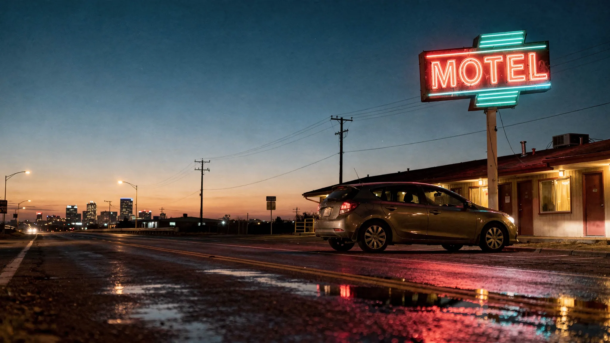 A dusk highway scene with a classic roadside motel sign glowing in the distance, a compact car parked nearby, and a city skyline faintly visible on the horizon. The mood is warm and inviting, with neon reflections on slightly wet pavement and a sense of setting out on a long American road trip.