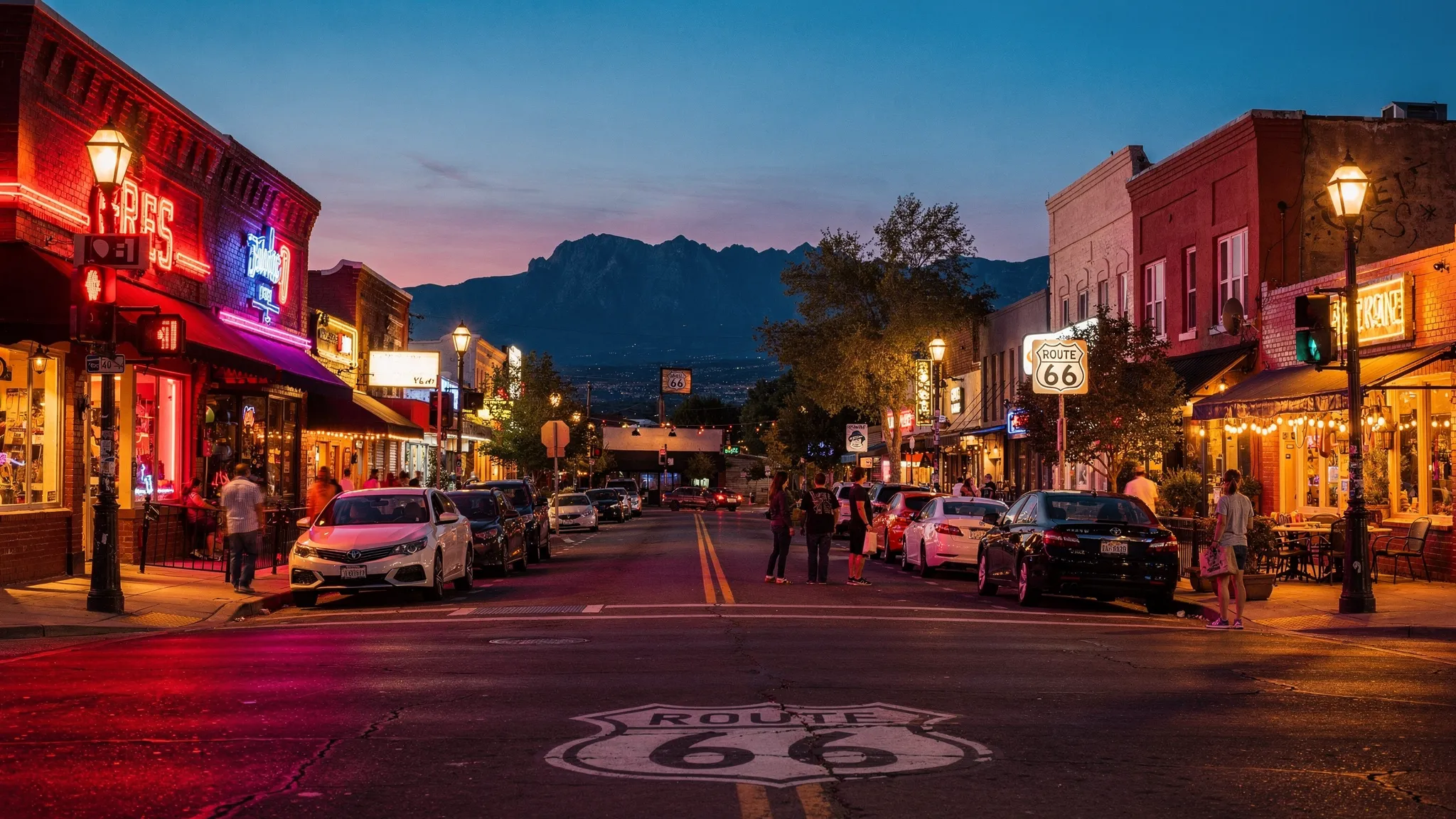 A twilight street scene in Albuquerque’s Nob Hill along old Route 66, with warm neon signs, low brick buildings, pedestrians on wide sidewalks, and the Sandia Mountains faintly visible in the distance.