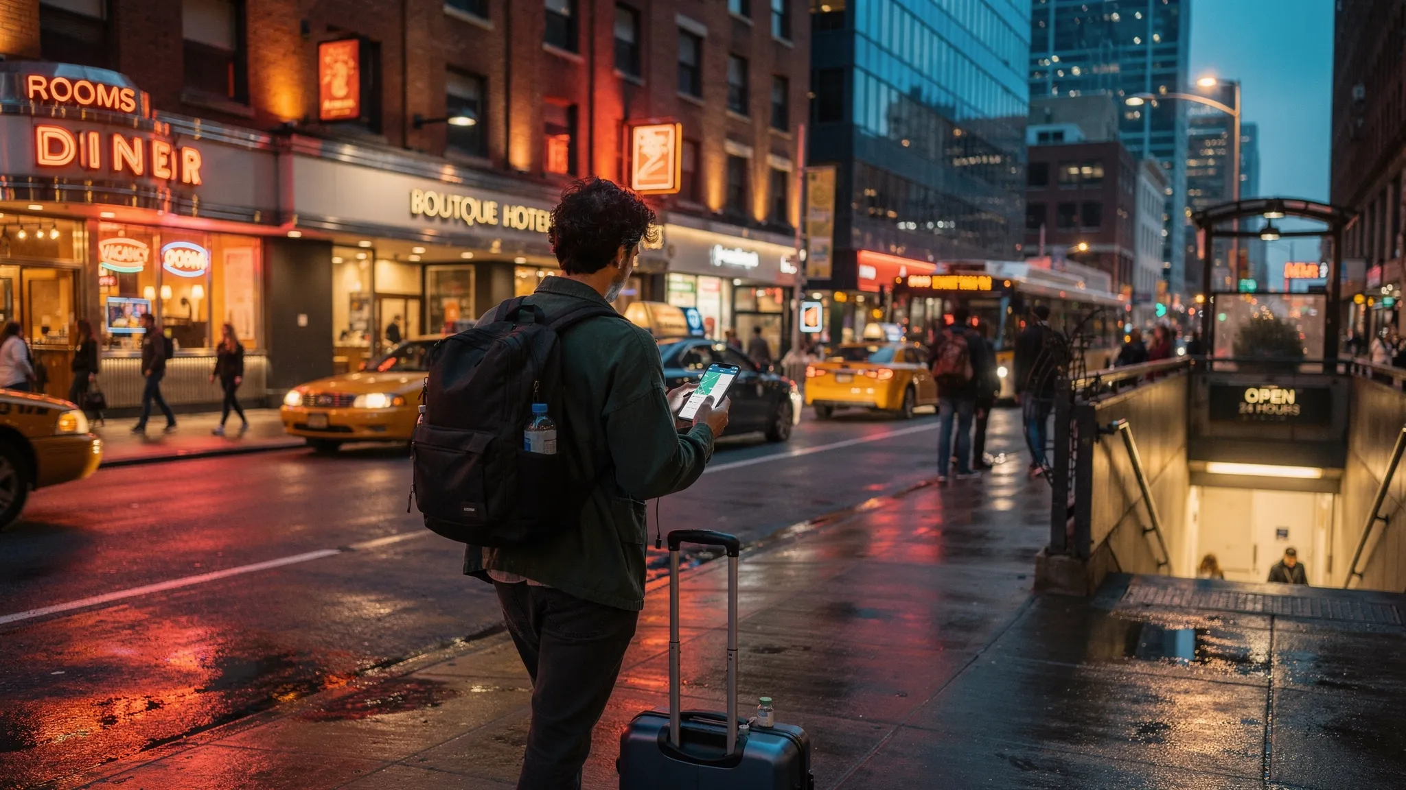 A traveler walking along a lively American city street at dusk, passing boutique hotels, diners, subway entrances, taxis, and glowing storefronts while comparing neighborhoods for a budget hotel stay.